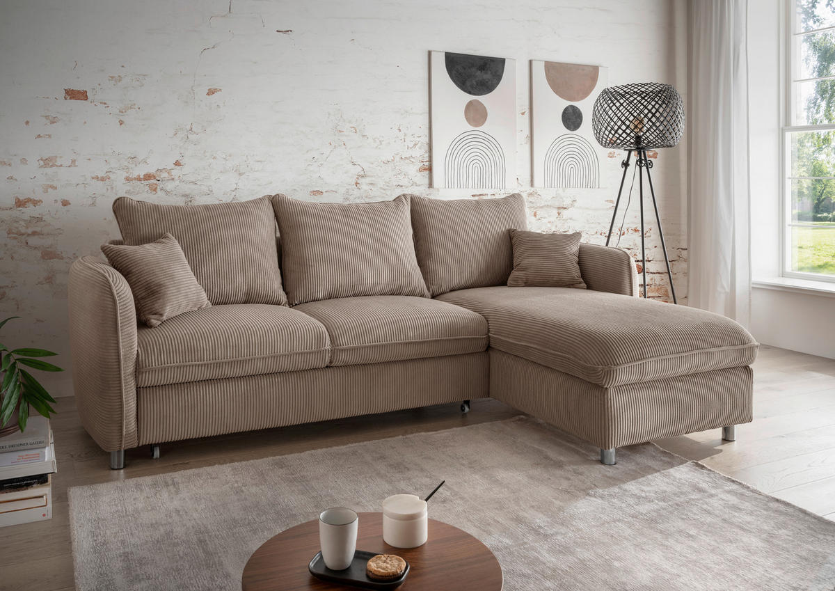 ECKSCHLAFSOFA  mit Rücken echt, Armteil links, Armteil rechts Cord Graubraun  - Chromfarben/Graubraun, MODERN, Textil/Metall (254/160cm) - Livetastic