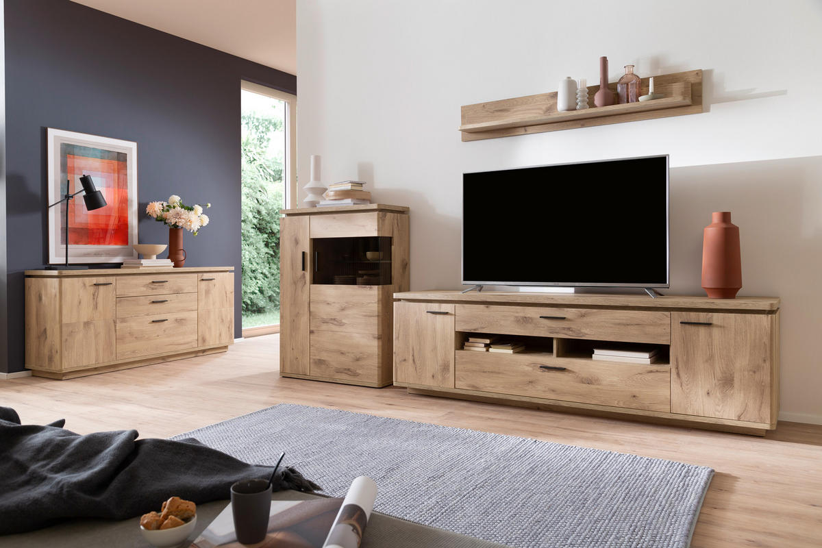 WOHNWAND 3-teilig  in Eichefarben  310/181/50 cm  - Eichefarben/Anthrazit, KONVENTIONELL, Glas/Holzwerkstoff (310/181/50cm) - Cantus