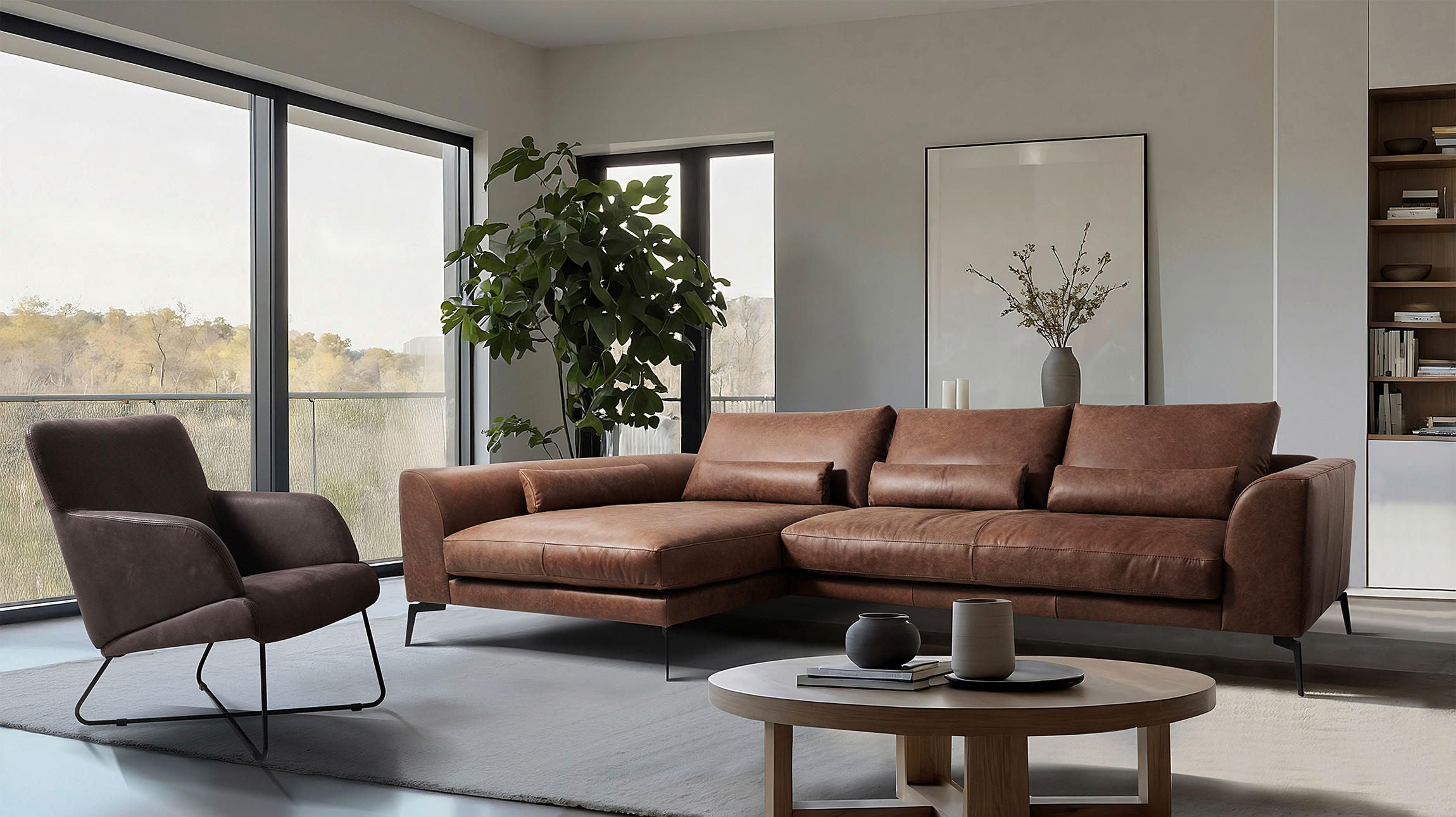 ECKSOFA in Echtleder Braun  - Schwarz/Braun, Design, Leder/Metall (172/313cm) - Livetastic