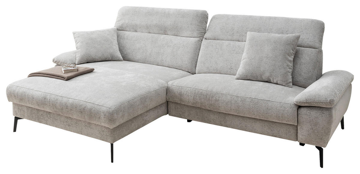 ECKSOFA CANCELLI Silberfarben Chenille Zierkissen, Relaxfunktion  - Silberfarben/Schwarz, KONVENTIONELL, Textil/Metall (178/300cm) - Livetastic