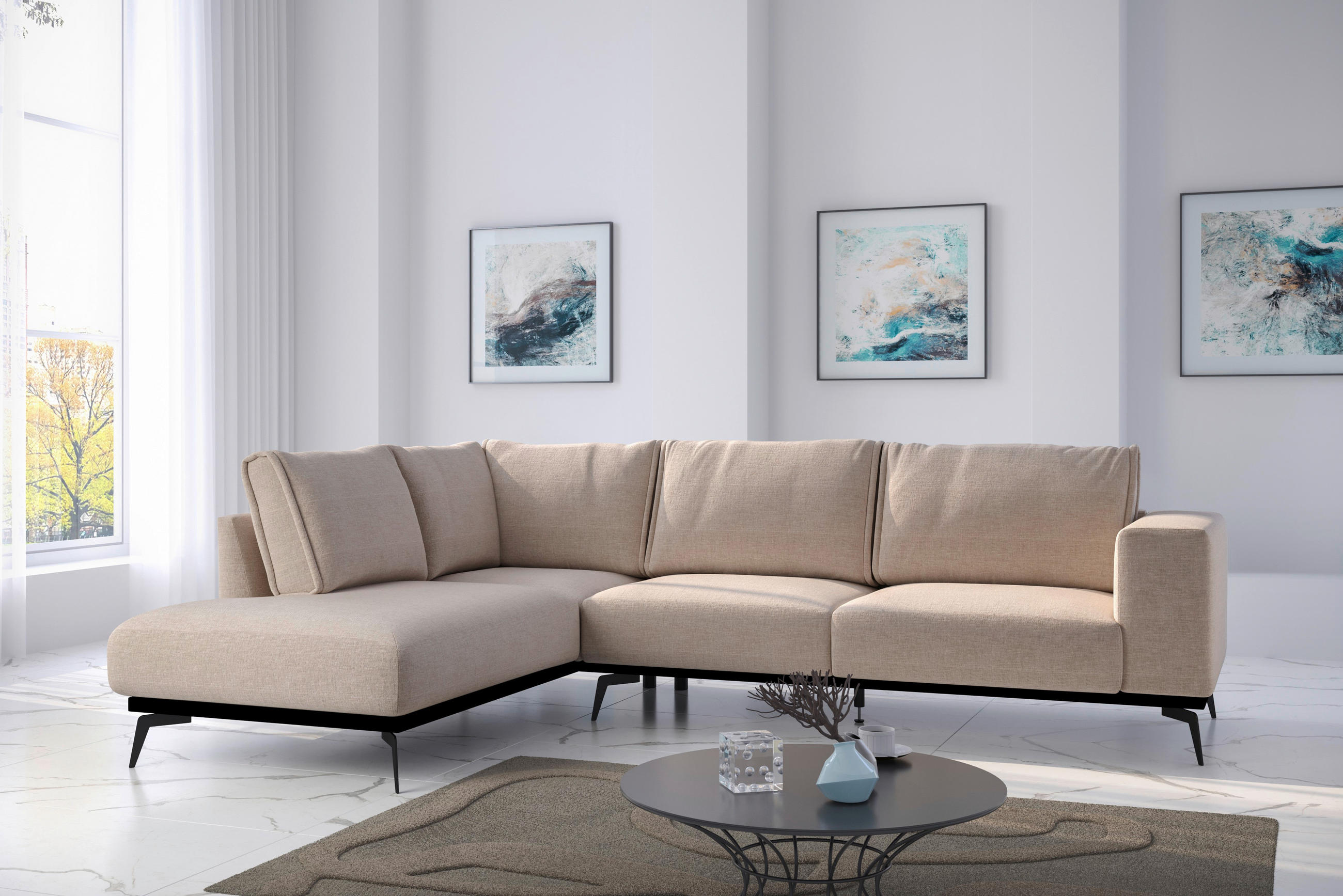 ECKSOFA Beige beflockt  - Beige/Schwarz, Design, Holz/Textil (200/293cm) - MID.YOU