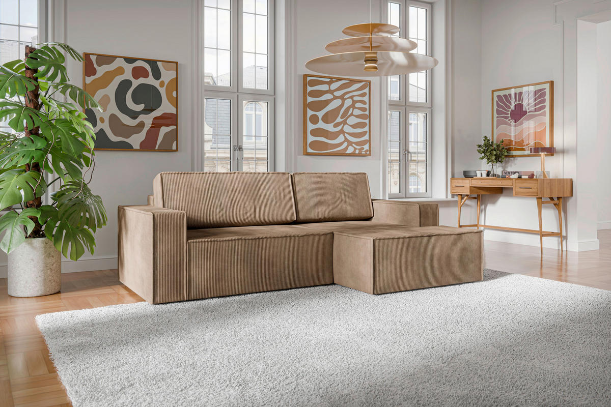 ECKSOFA inkl. Funktion Hellbraun Cord  - Hellbraun/Schwarz, MODERN, Kunststoff/Textil (245/149cm) - Stylife