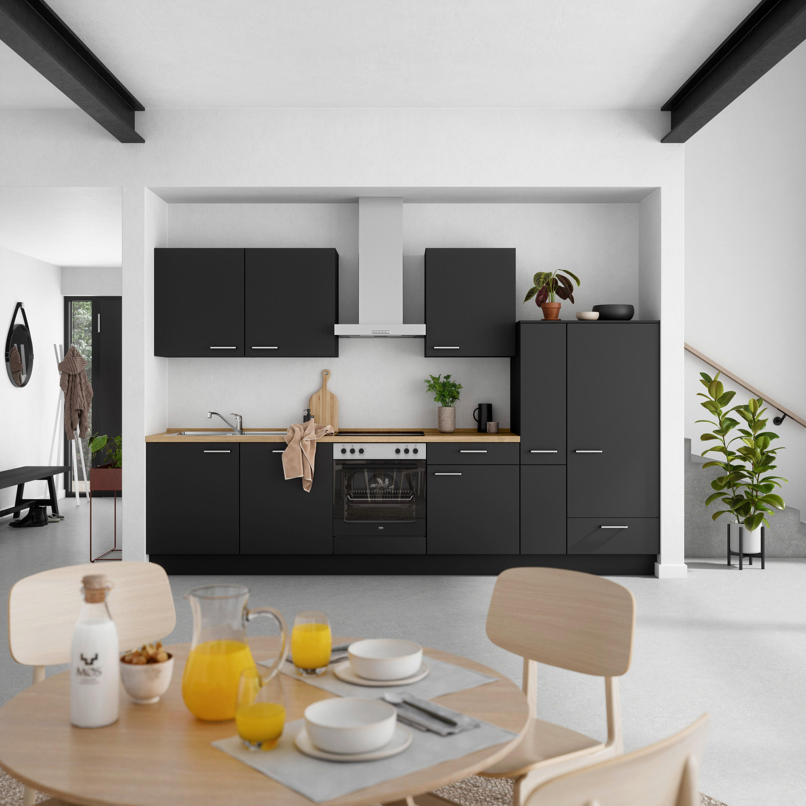 KÜCHENBLOCK 330 cm   in Schwarz, Eichefarben  - Eichefarben/Schwarz, MODERN, Holzwerkstoff/Metall (330cm) - Nobilia