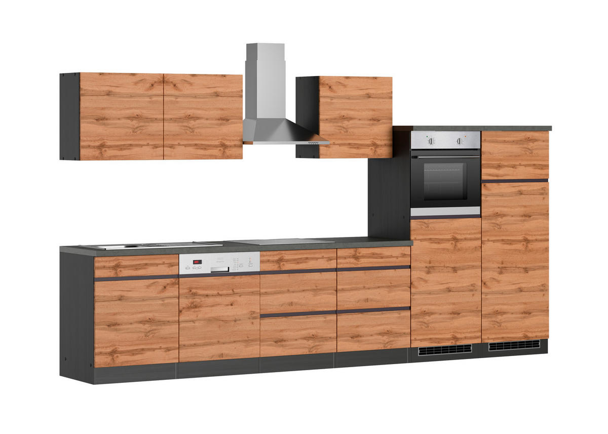 KÜCHENBLOCK 360 cm   in Graphitfarben, Eiche Wotan  - Eiche Wotan/Graphitfarben, Design, Holzwerkstoff (360cm) - Held