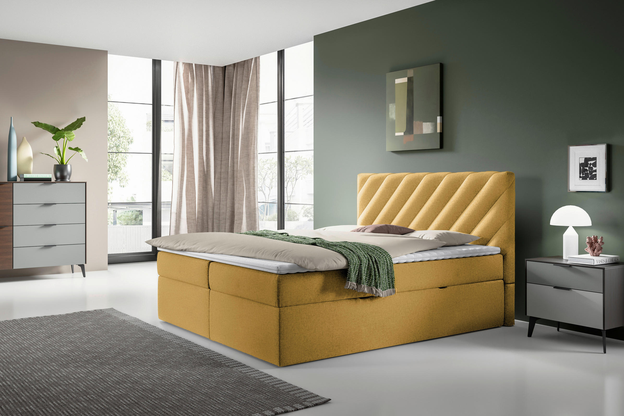 BOXSÄNG 140/200 cm  i gul  - svart/gul, Modern, textil (140/200cm) - MID.YOU