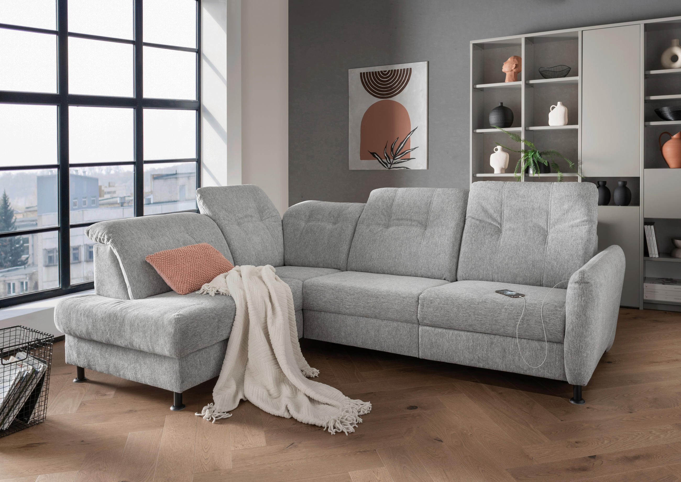 ECKSOFA in Chenille Silberfarben  - Silberfarben/Schwarz, Modern, Textil/Metall (198/270cm) - Livetastic