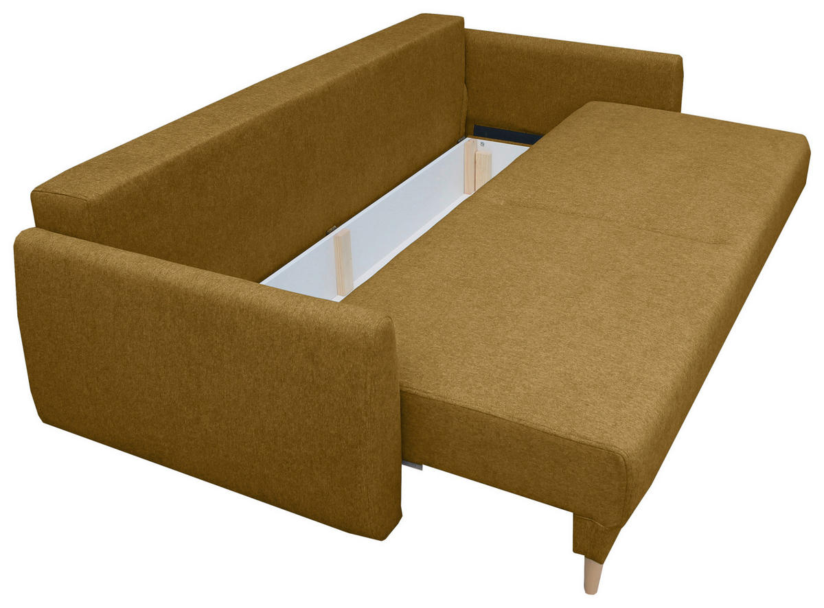 SCHLAFSOFA  mit Liegefunktion, Schlafen auf Sitzhöhe, Rücken echt Webstoff Senfgelb  - Buchefarben/Senfgelb, KONVENTIONELL, Holz/Textil (220/90/95cm) - Carryhome