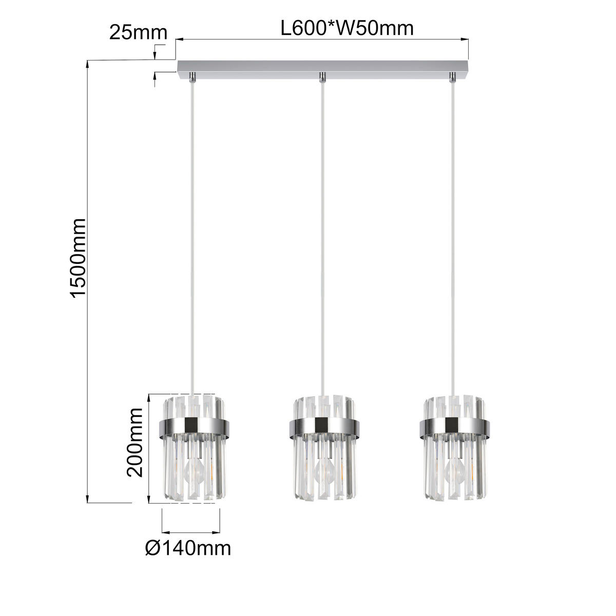 HÄNGELEUCHTE Vetro  150/60/14 cm  - Chromfarben, KONVENTIONELL, Glas (150/60/14cm)