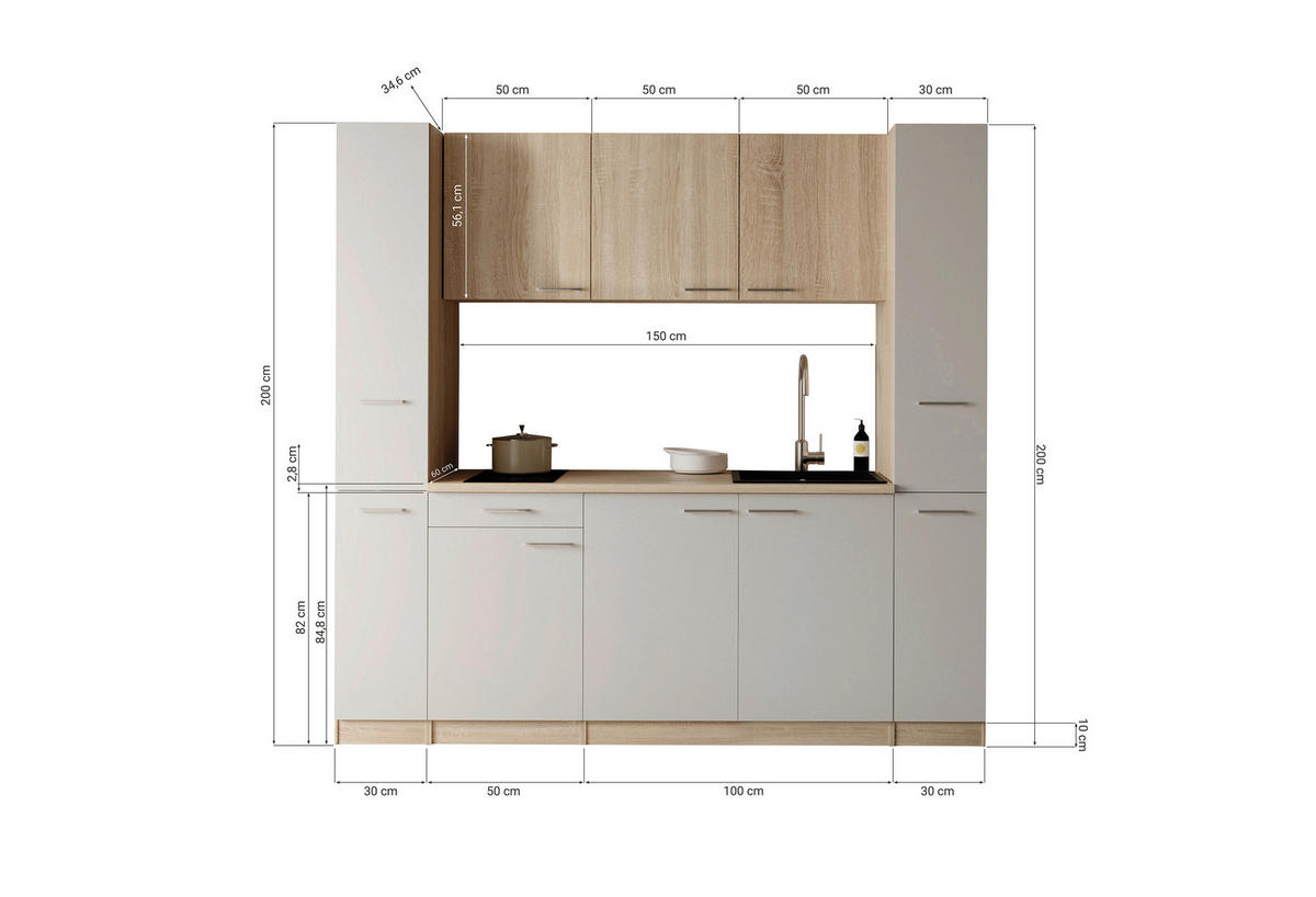 KÜCHENBLOCK Ingrid 210 cm  in Schwarz  - Eichefarben/Alufarben, Design, Holzwerkstoff/Kunststoff (210cm) - Respekta