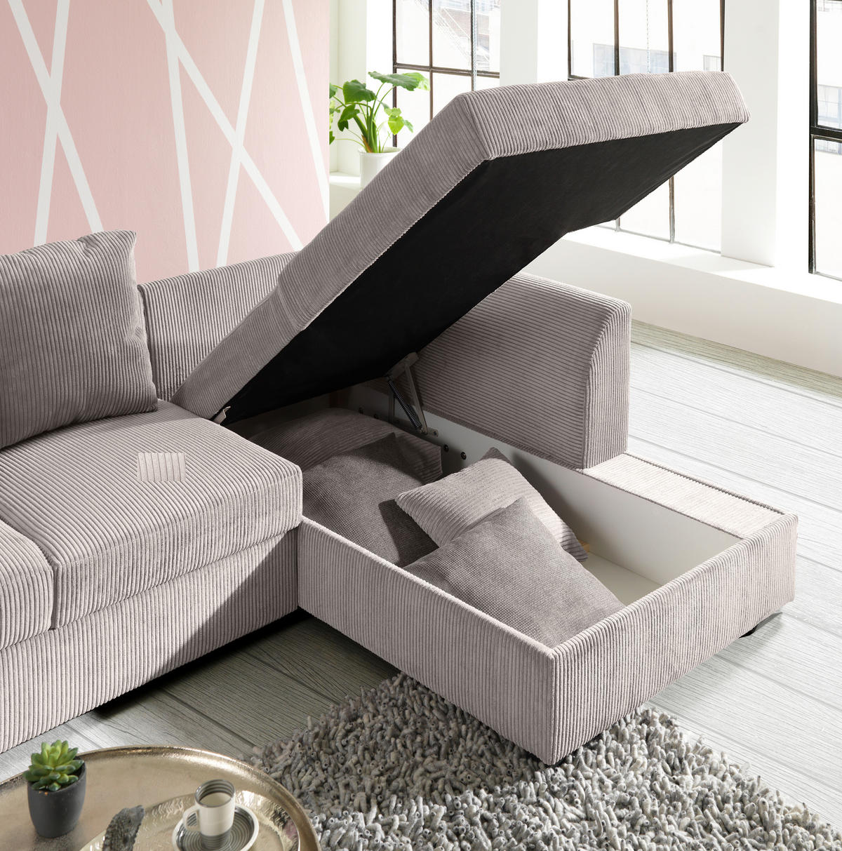 ECKSOFA in Cord Beige  - Beige/Schwarz, Design, Kunststoff/Textil (259/174cm) - Cantus