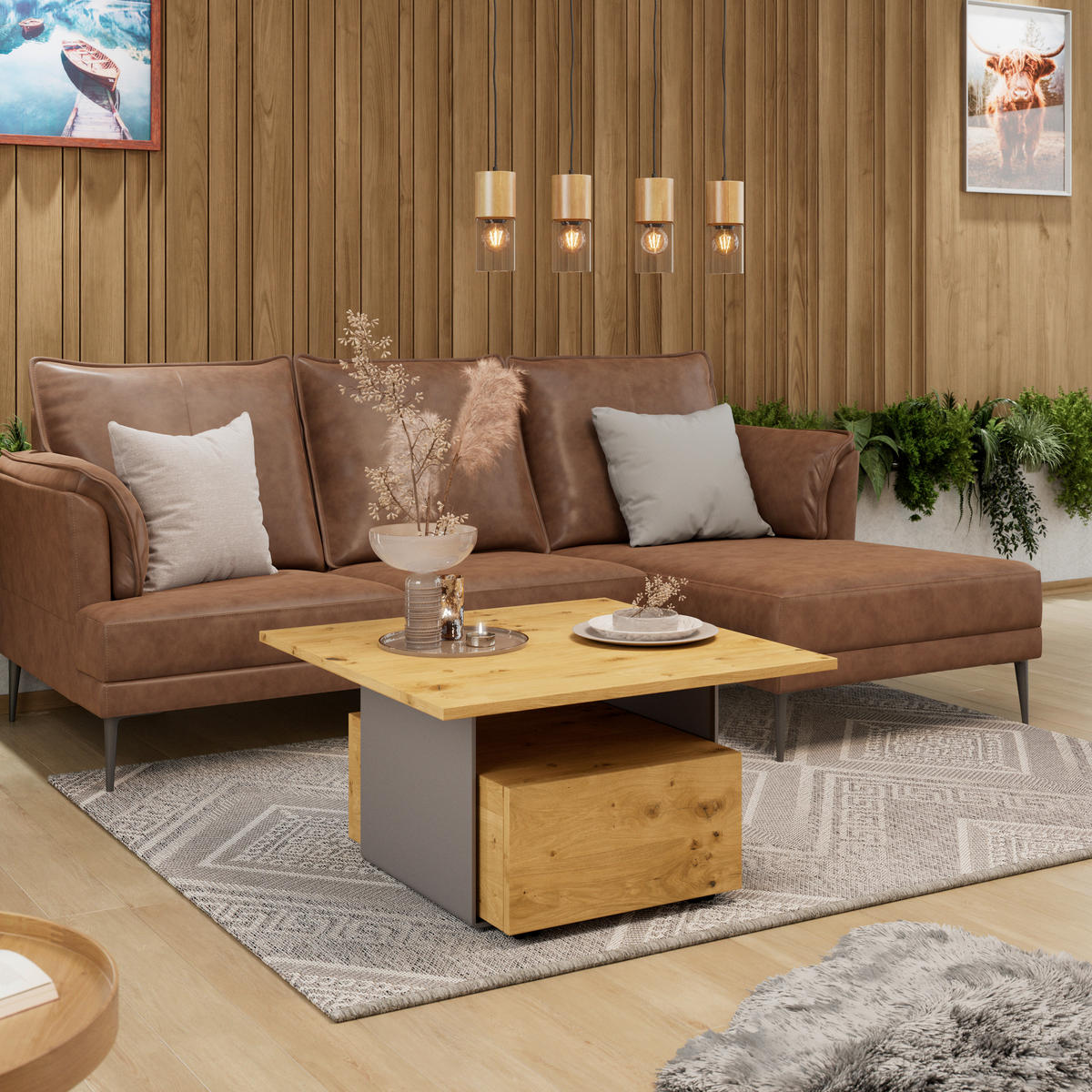 COUCHTISCH in Holz, Metall 80/80/43 cm  - Eichefarben/Anthrazit, Natur, Holz/Metall (80/80/43cm) - Voglauer