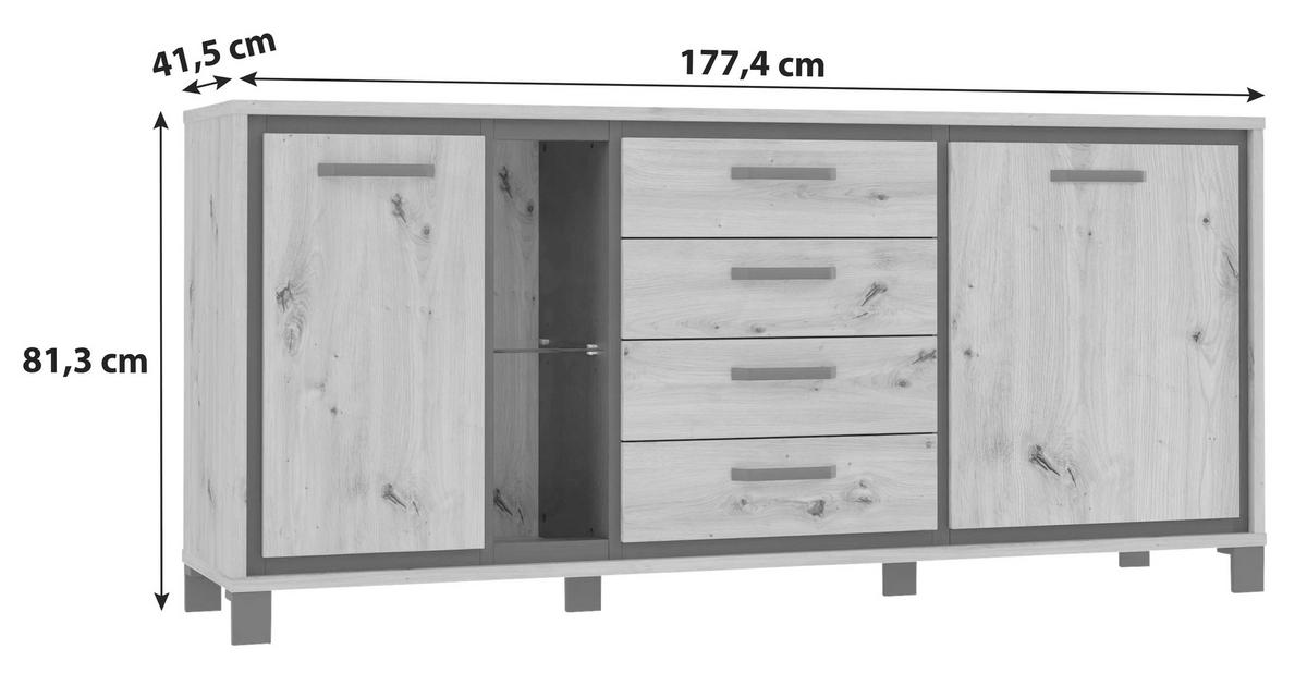 SIDEBOARD 177,4/81,3/41,5 cm  in Schwarz, Eichefarben  - Eichefarben/Schwarz, Basics, Glas/Holzwerkstoff (177,4/81,3/41,5cm) - Livetastic
