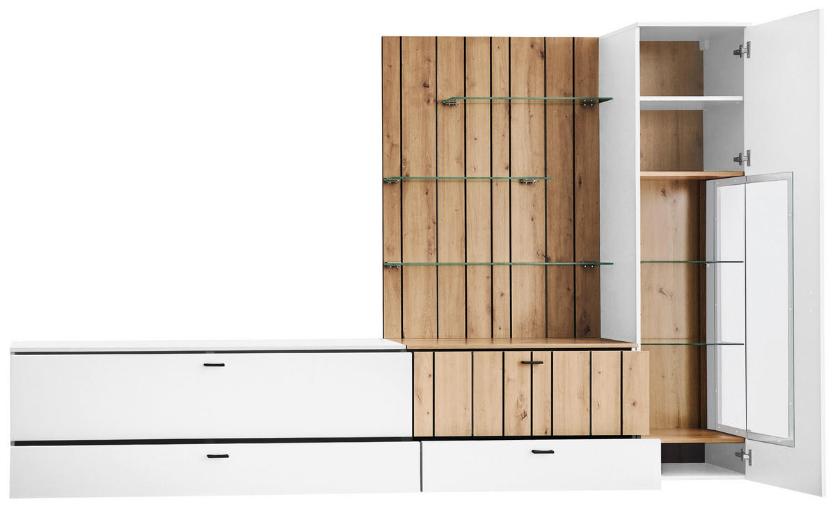 WOHNWAND  Weiss, Eiche Artisan 285,1/176,8/50,1 cm  - Weiss/Schwarz, Design, Glas/Holzwerkstoff (285,1/176,8/50,1cm) - Stylife