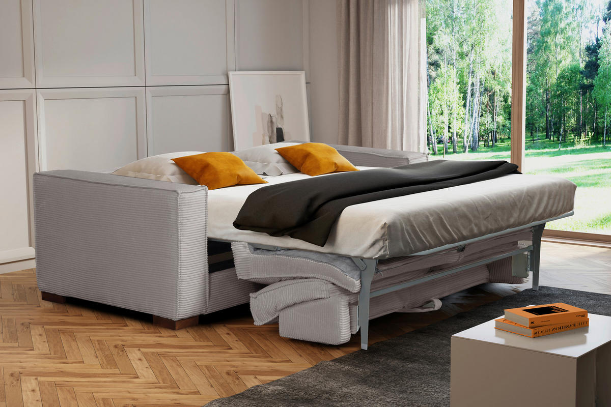SCHLAFSOFA Cord Hellgrau  - Dunkelbraun/Hellgrau, Design, Holz/Textil (203/85/99cm) - MID.YOU
