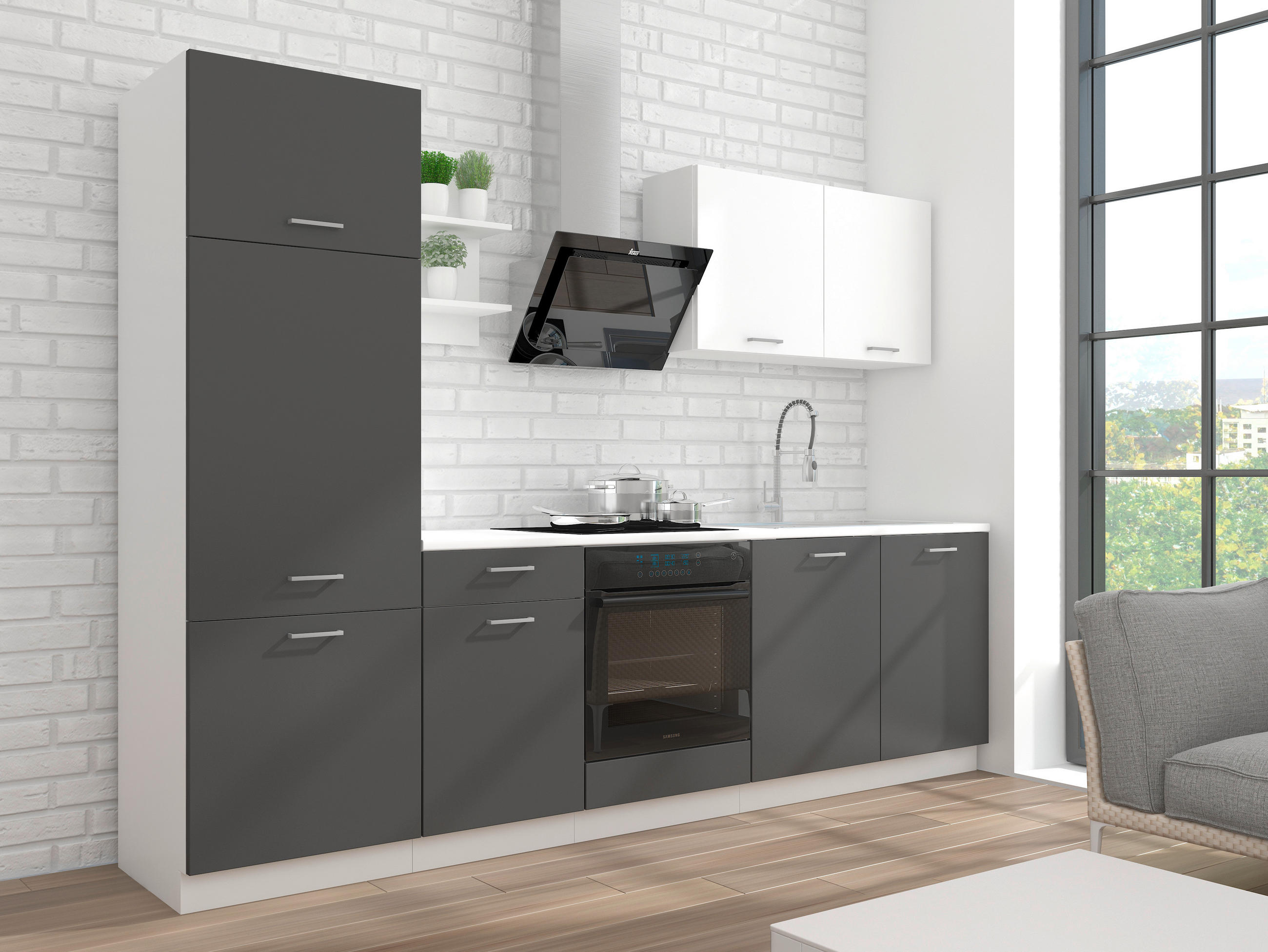 BUCĂTĂRIE FĂRĂ ELECTROCASNICE  - alb/gri, Konventionell, material pe bază de lemn (270cm)