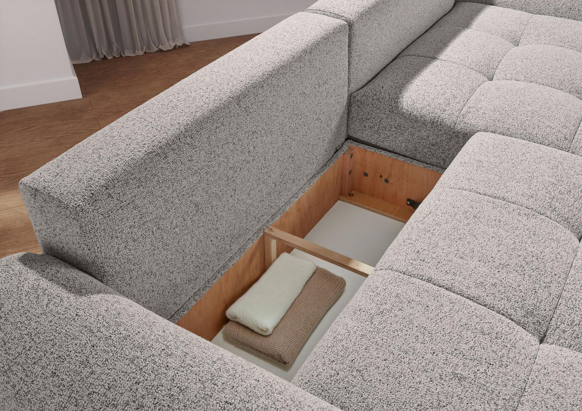Ecksofa mit Funktion Grau Flachgewebe Zierkissen, Rückenkissen, Bettkasten, Schlaffunktion, Rücken echt, Liegefläche im Originalstoff  - Schwarz/Grau, KONVENTIONELL, Kunststoff/Textil (277/190cm) - Carryhome