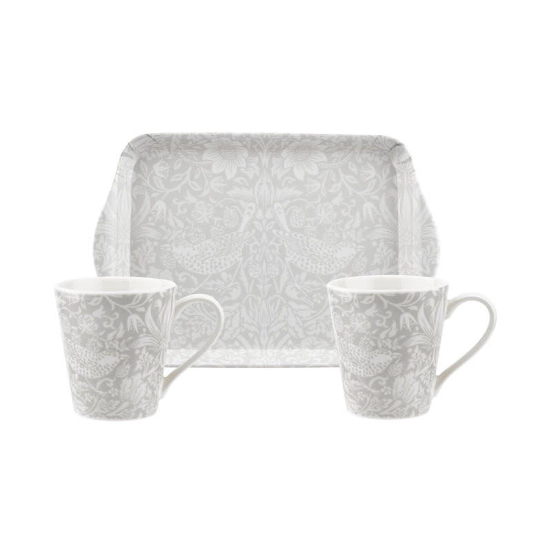 Ett kaffemugg set som består av två muggar som är tillverkade av porslin och en bricka