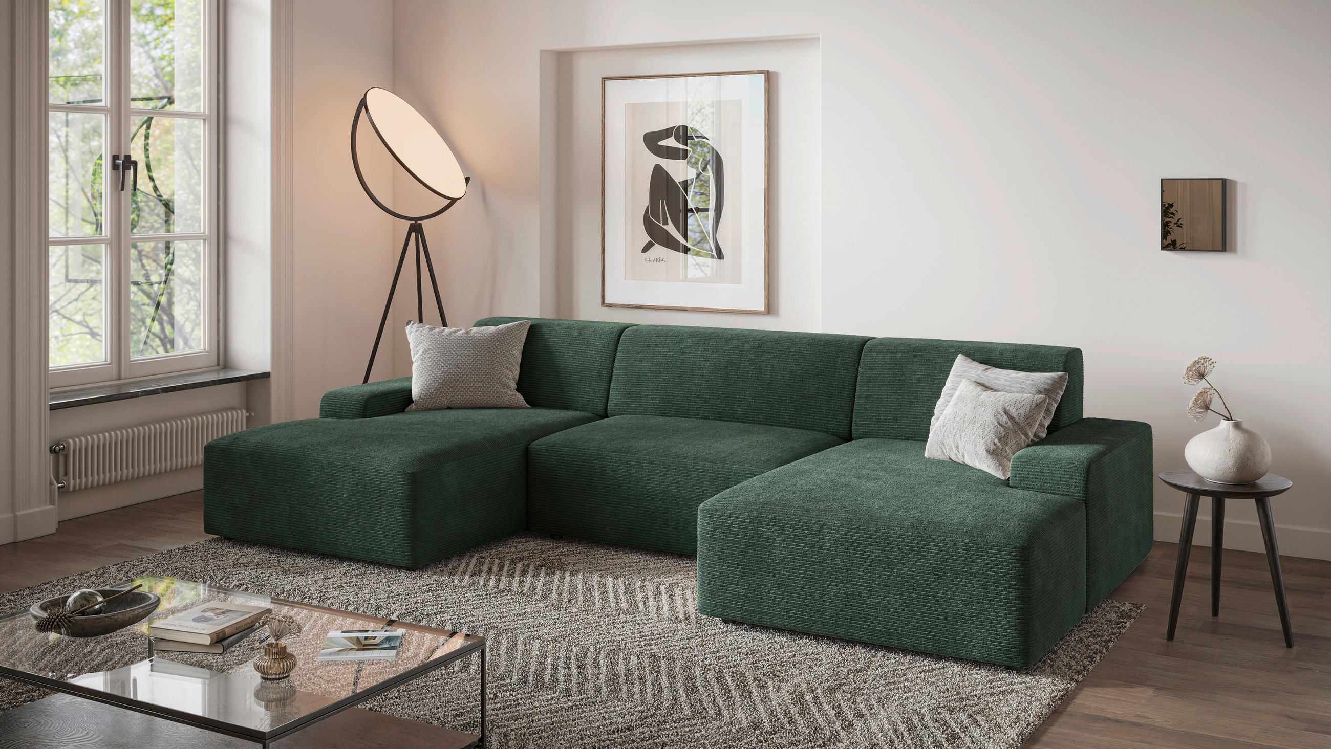 WOHNLANDSCHAFT in Cord Dunkelgrün - Dunkelgrün/Schwarz, Modern, Kunststoff/Textil (162/329/162cm) - Trendmanufaktur