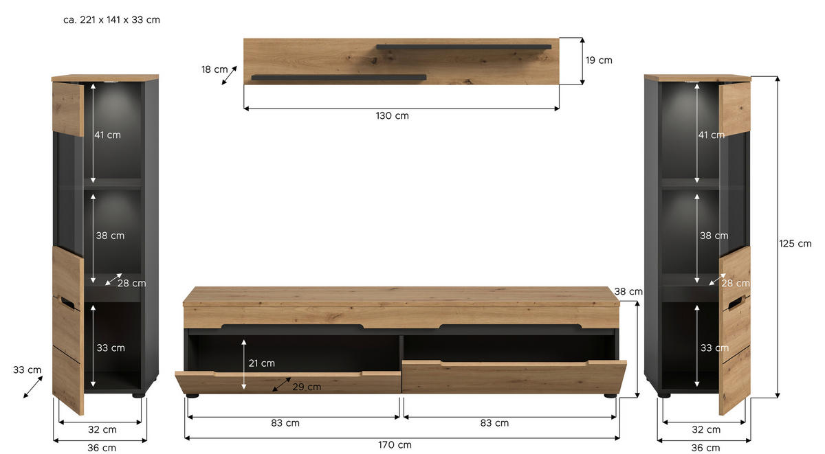 OBÝVACÍ STĚNA dub artisan - černá/dub artisan, Design, kompozitní dřevo/plast (272/141/33cm) - Livetastic