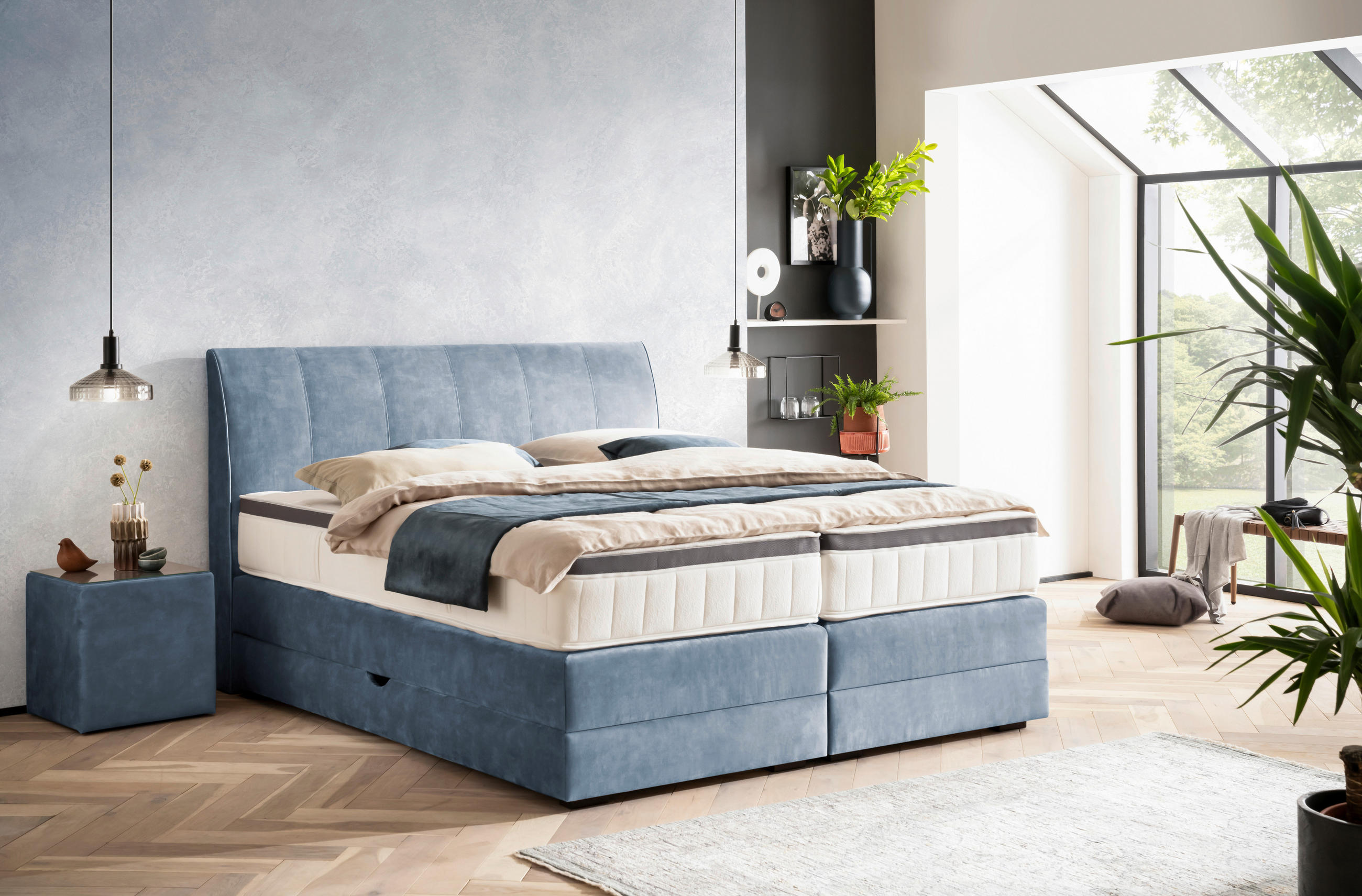 BOXSPRINGBETT 180/200 cm  in Blau  - Wengefarben/Blau, KONVENTIONELL, Holz/Textil (180/200cm) - Novel