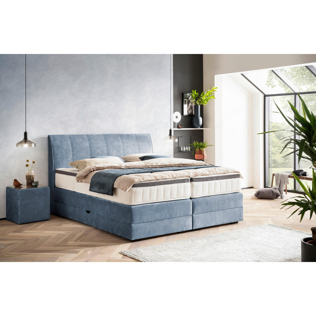 Thumbnail - Novel Boxspringbett, Blau, Textil, Wenge, H2 + H3, 7-Zonen, Höhe ca. 27 cm, 160x200 cm, Bettkasten, Federkernmatratze, S...