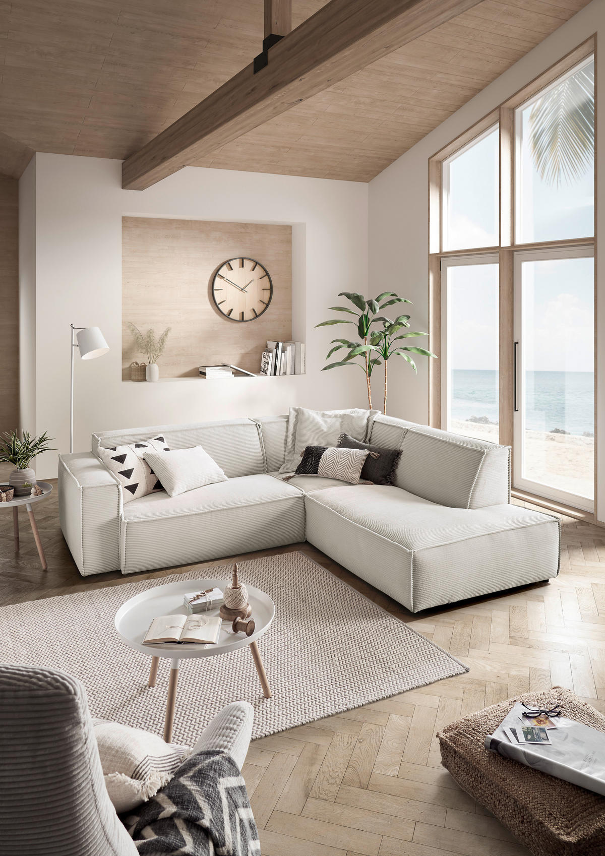 ECKSOFA in Cord Weiss  - Weiss/Schwarz, Konventionell, Kunststoff/Textil (254/224cm) - Hom`in