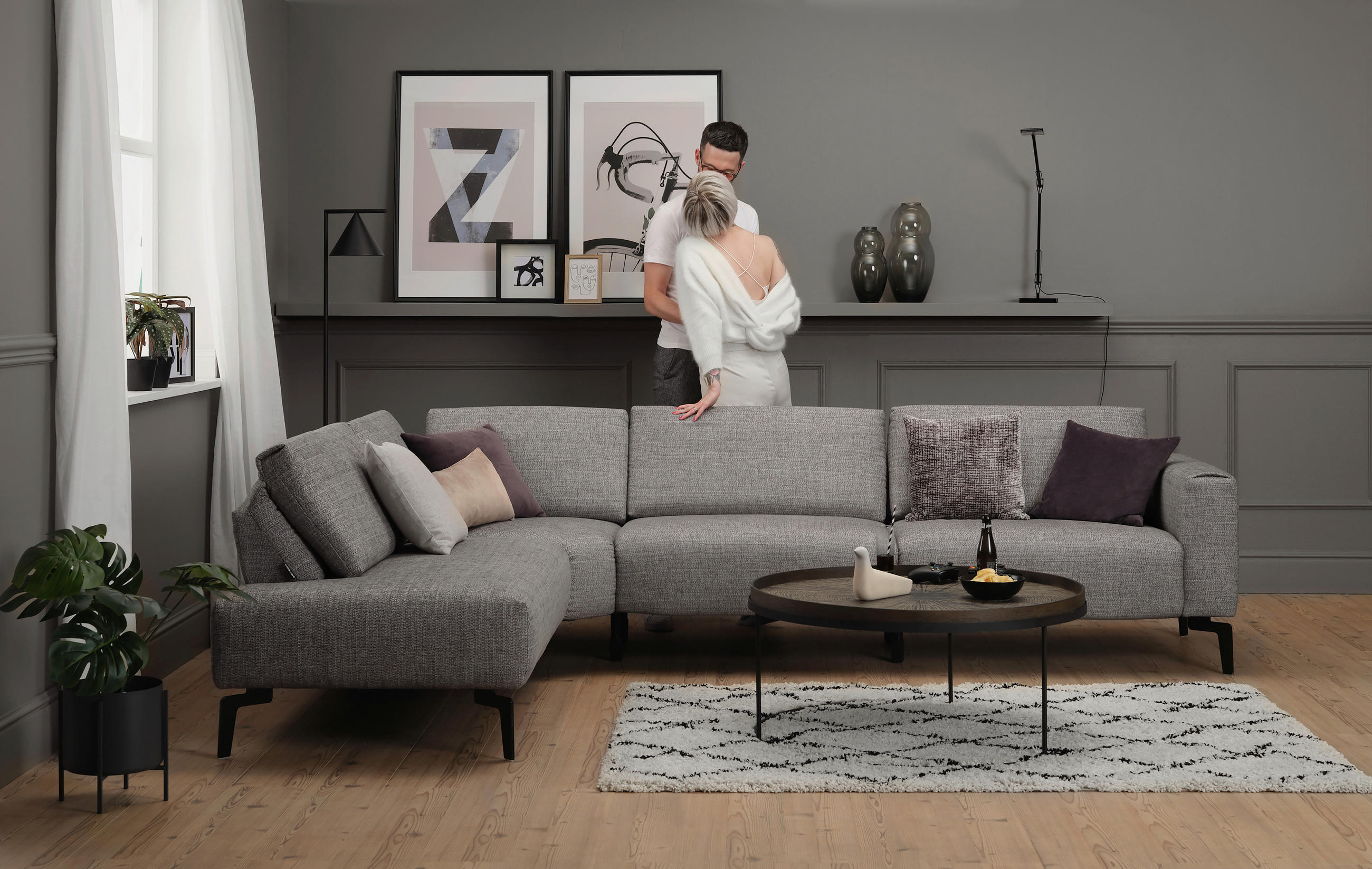 ECKSOFA in Chenille Rosa  296/213 cm  - Schwarz/Rosa, Design, Textil/Metall (296/213cm) - SENSOO