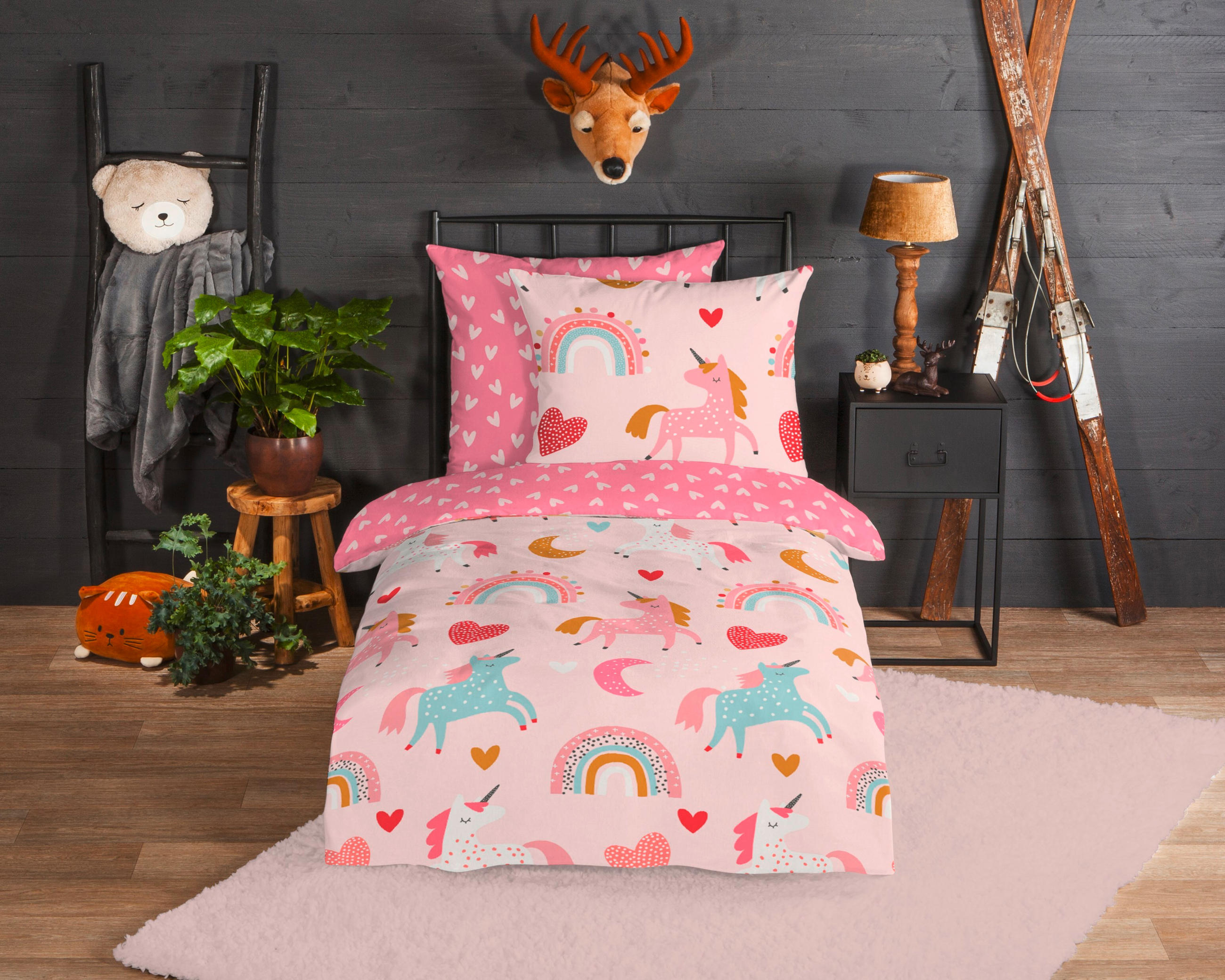 JUGENDBETTWÄSCHE Unicorn Biber 135/200 cm  - Rot/Rosa, Design, Textil (135/200cm)