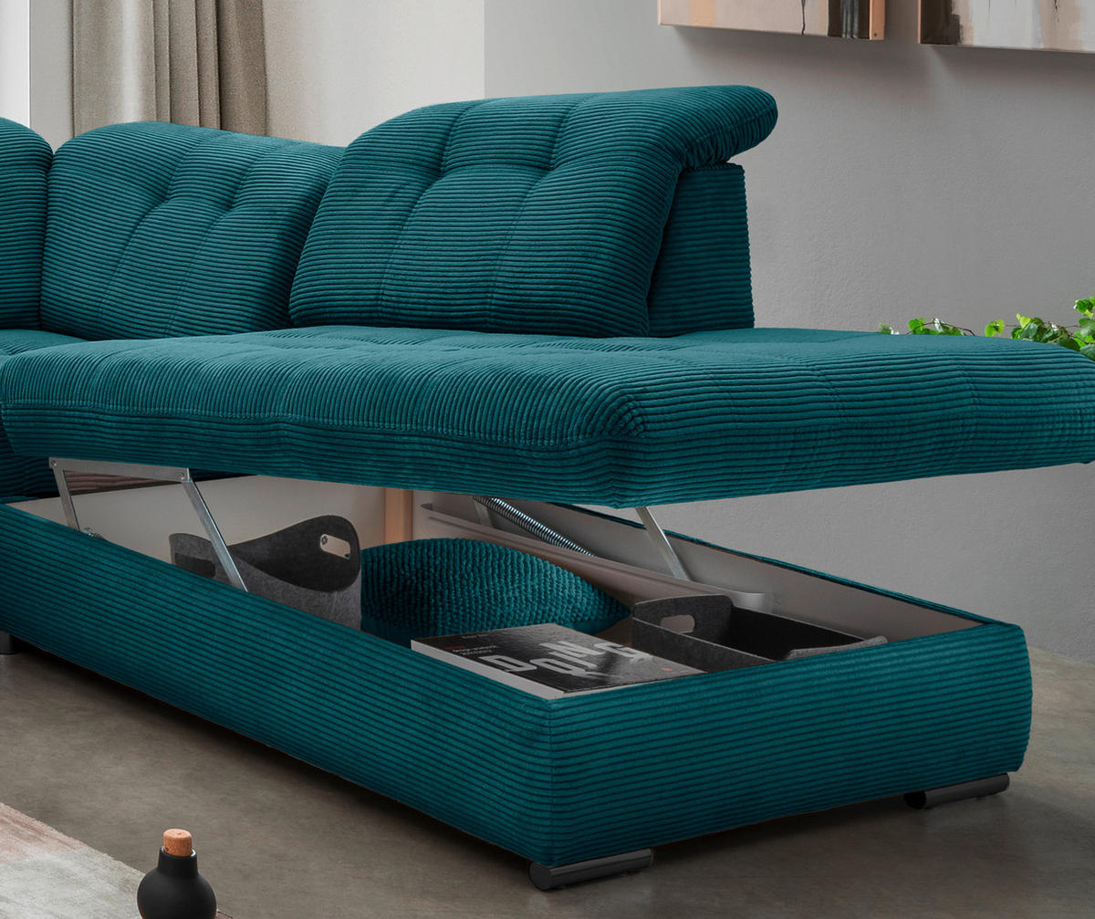 WOHNLANDSCHAFT in Cord Petrol  - Petrol/Schwarz, Modern, Textil/Metall (184/387/252cm) - Livetastic