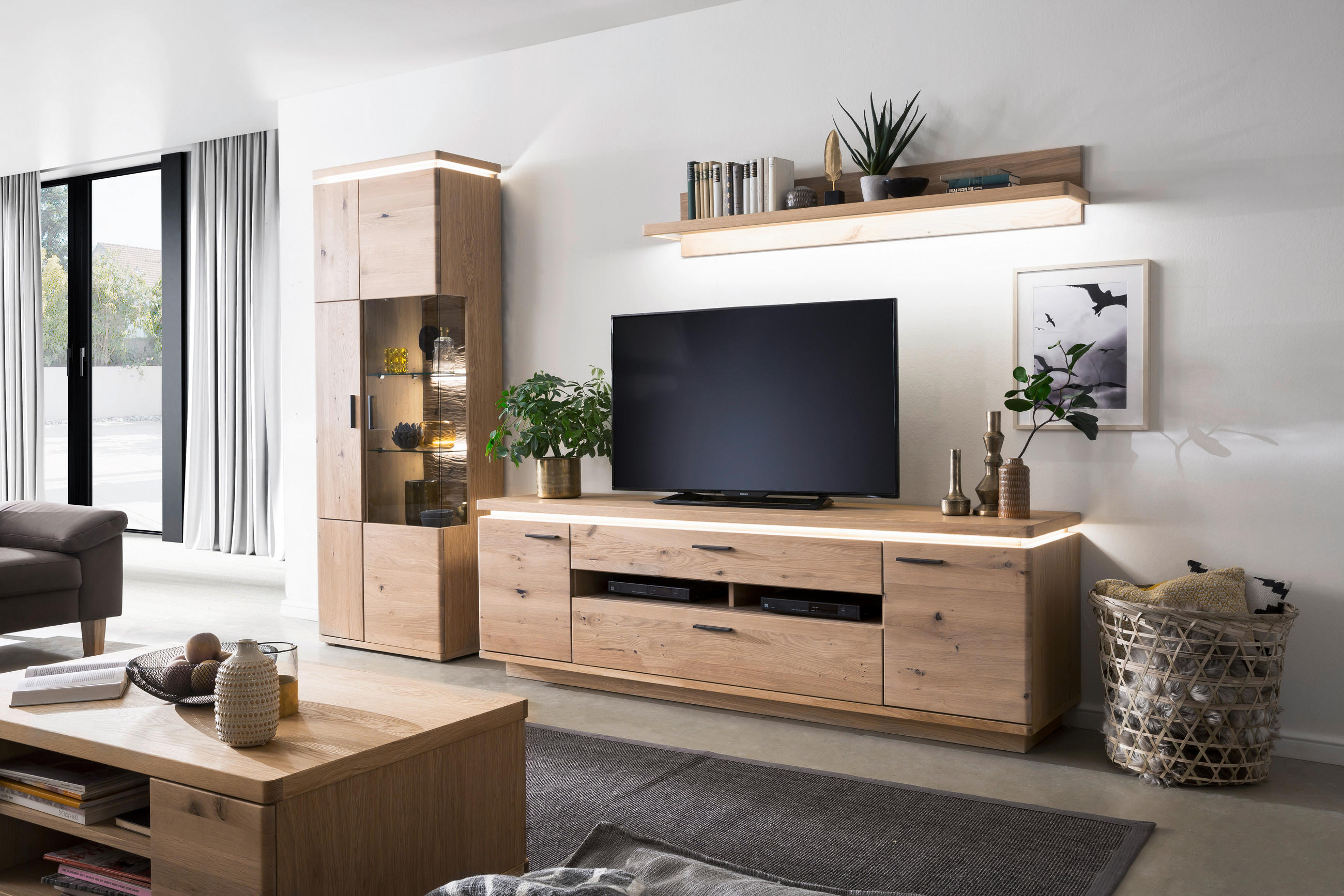 WOHNWAND  in Eichefarben  300/204/50 cm  - Eichefarben/Grau, Design, Glas/Holz (300/204/50cm) - Livetastic