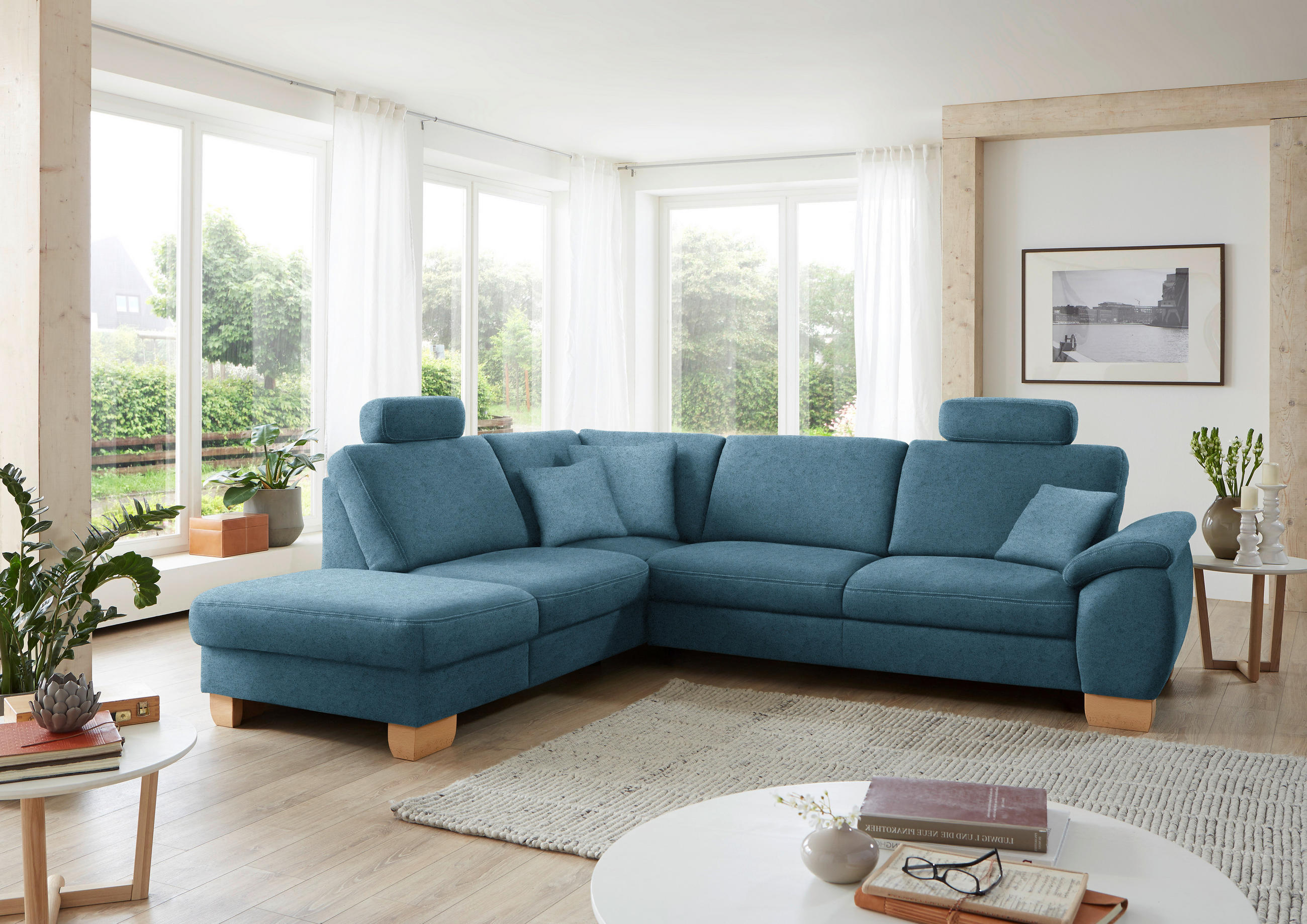 ECKSOFA in Mikrofaser Blau  - Wildeiche/Blau, Konventionell, Holz/Textil (236/286cm) - Voleo
