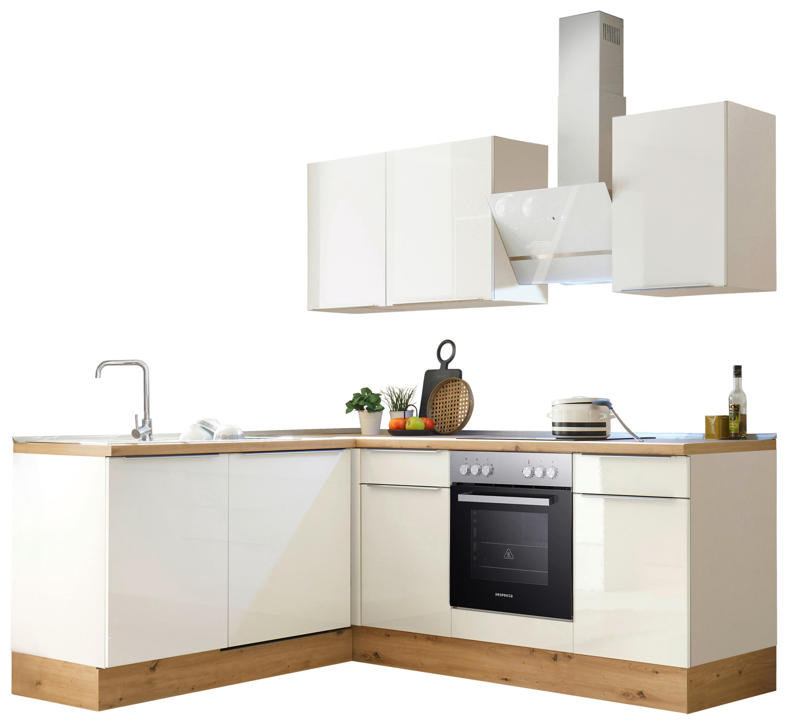 ECKKÜCHE 220/170 cm  in Weiß, Weiß Hochglanz  - Weiß Hochglanz/Alufarben, LIFESTYLE, Holzwerkstoff/Kunststoff (220/170cm) - Respekta