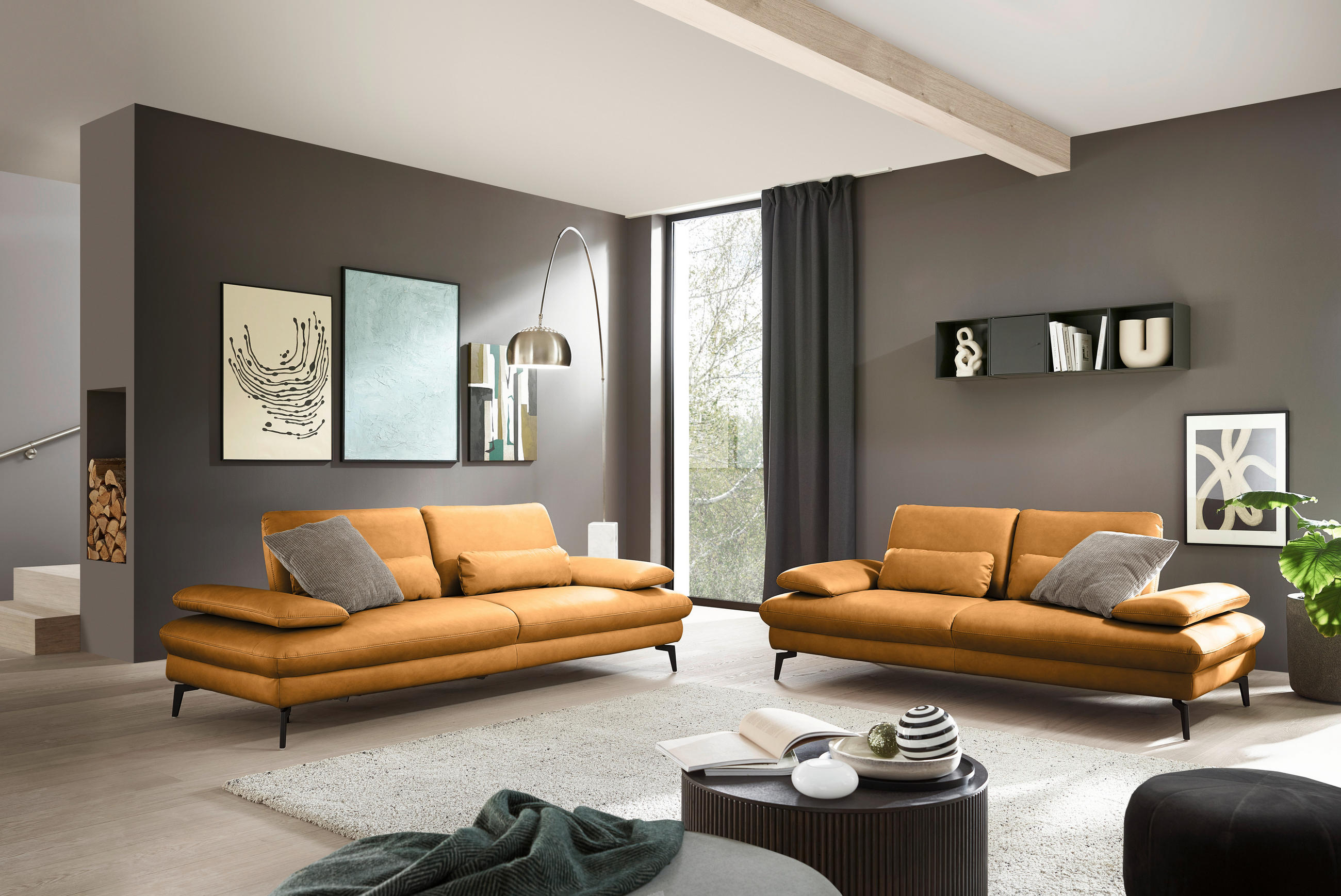 3-SITZER-SOFA Echtleder Currygelb  - Currygelb/Schwarz, Design, Leder/Metall (238/86/94cm) - Dieter Knoll