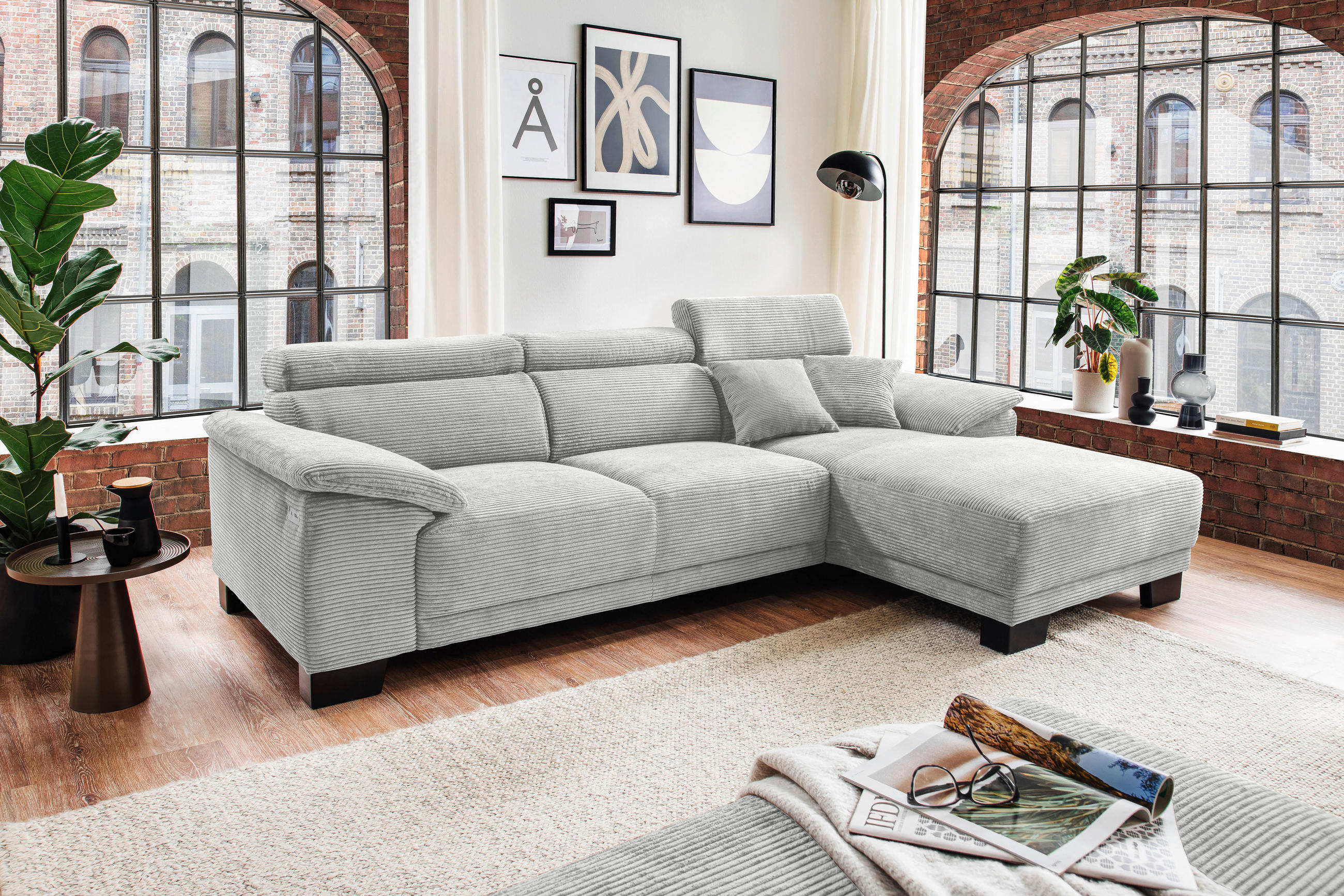 ECKSOFA in Cord Grau  - Schwarz/Grau, Design, Holz/Textil (270/174cm) - Pure Home Lifestyle