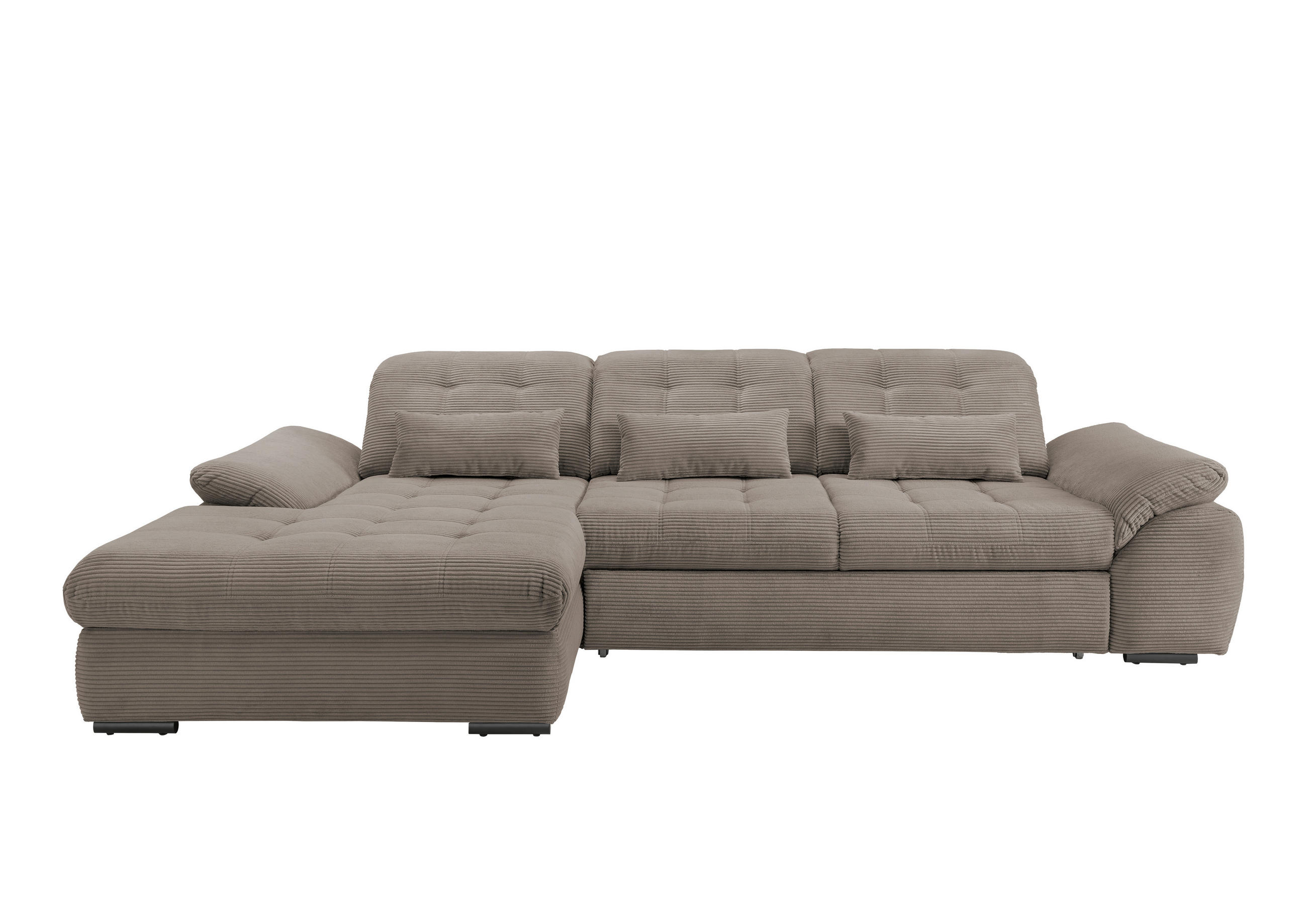 ECKSOFA Graubraun Cord Nierenkissen, Bettkasten, Schlaffunktion, Rücken echt, Kopfteilverstellung, Sitztiefenverstellung, Liegefläche im Originalstoff  - Graubraun/Schwarz, MODERN, Textil/Metall (184/314cm) - P & B