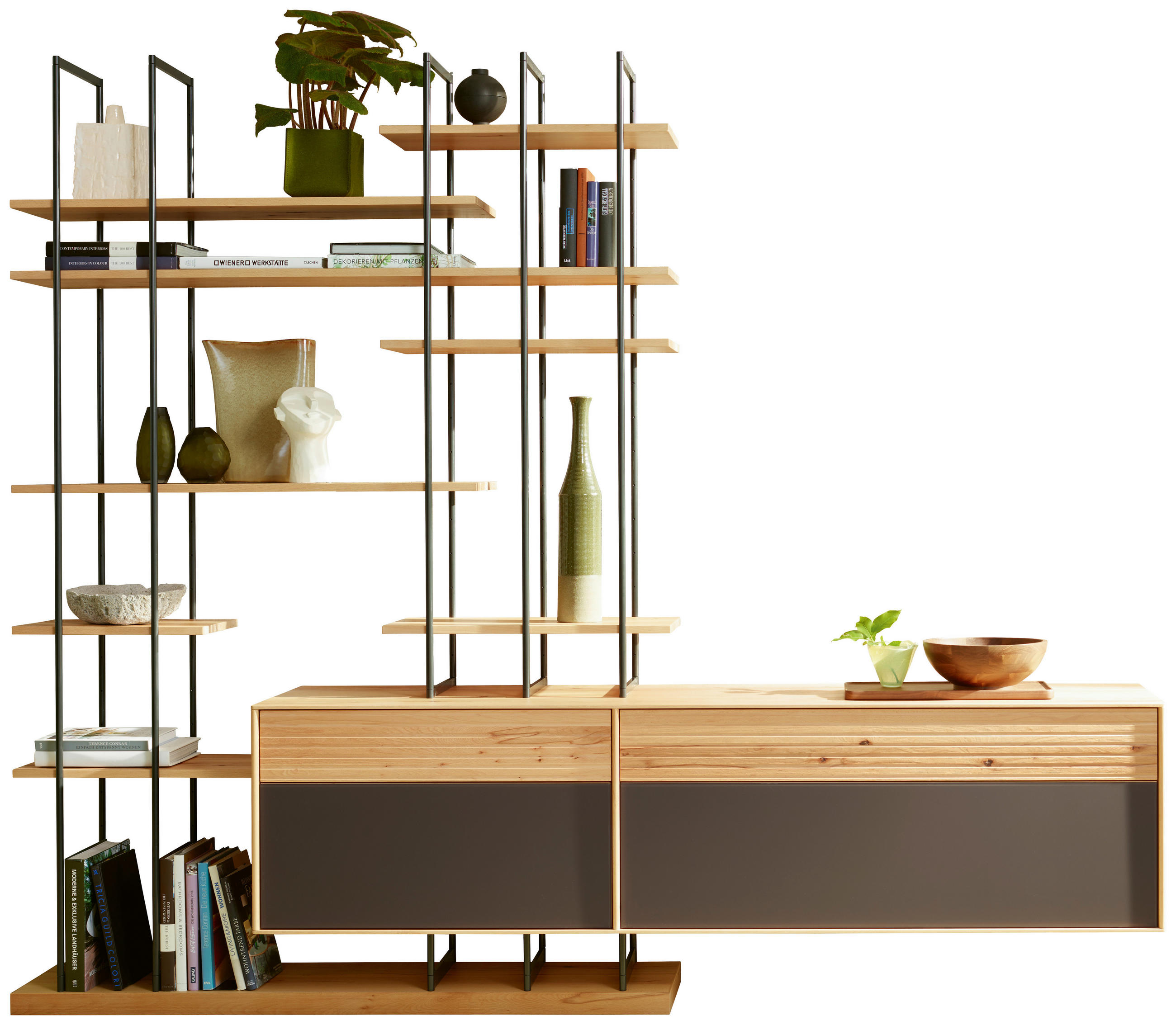 WOHNWAND  in Buchefarben, Dunkelbraun  256,4/214,6/47 cm  - Dunkelbraun/Buchefarben, Design, Glas/Holz (256,4/214,6/47cm) - Anrei