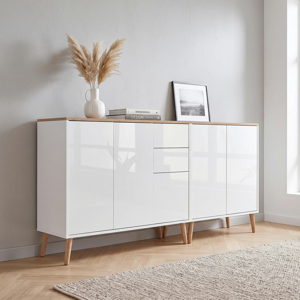 SIDEBOARD Mailand Set 10 + HF 184,5/86/33 cm 2 Schublade(n)  - Weiß Hochglanz/Eiche Artisan, MODERN, Holz/Holzwerkstoff (184,5/86/33cm) - MID.YOU