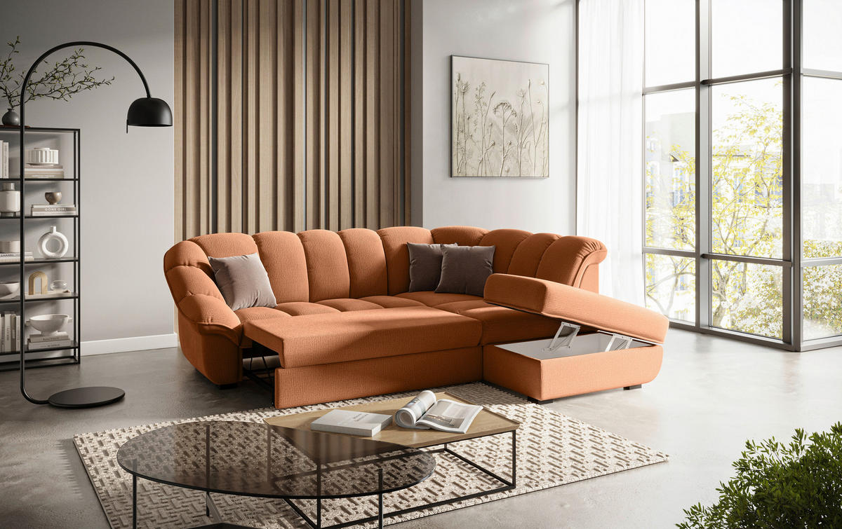 ECKSOFA Terracotta Chenille Bettkasten, Schlaffunktion, Rücken echt  - Terracotta/Schwarz, KONVENTIONELL, Kunststoff/Textil (260/222cm) - Welnova