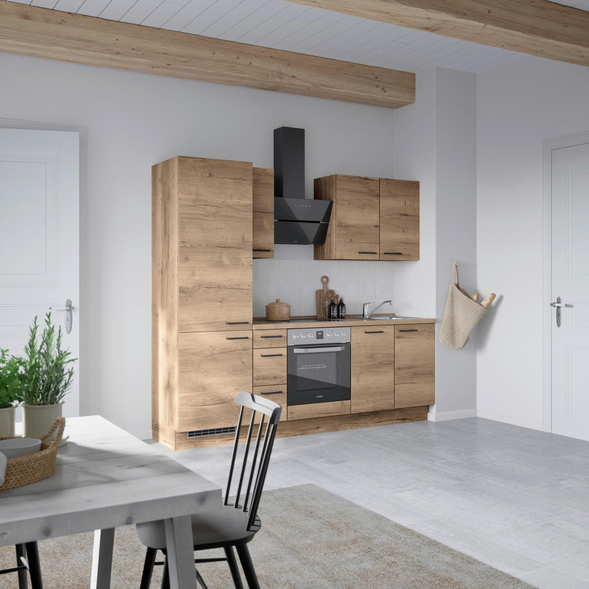 BUCĂTĂRIE FĂRĂ ELECTROCASNICE  - stejar închis la culoare/negru, Modern, metal/material pe bază de lemn (240cm) - Nobilia