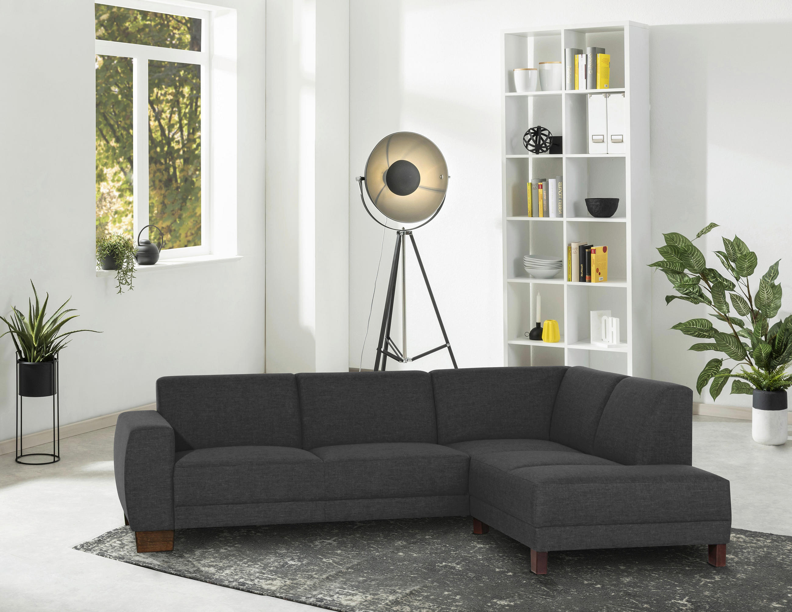 ECKSOFA in Flachgewebe, Leinenoptik Schwarz  - Nussbaumfarben/Schwarz, Modern, Holz/Holzwerkstoff (248/188cm) - Max Winzer