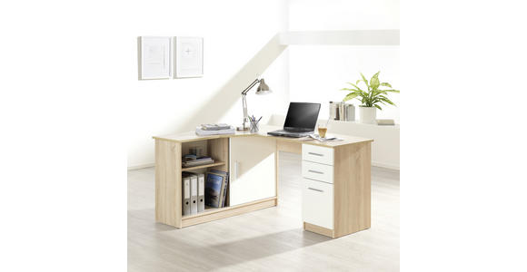 ECKSCHREIBTISCH 150/120/75 cm in Weiß, Eichefarben - Eichefarben/Alufarben, KONVENTIONELL, Holzwerkstoff/Kunststoff (150/120/75cm) - Venda