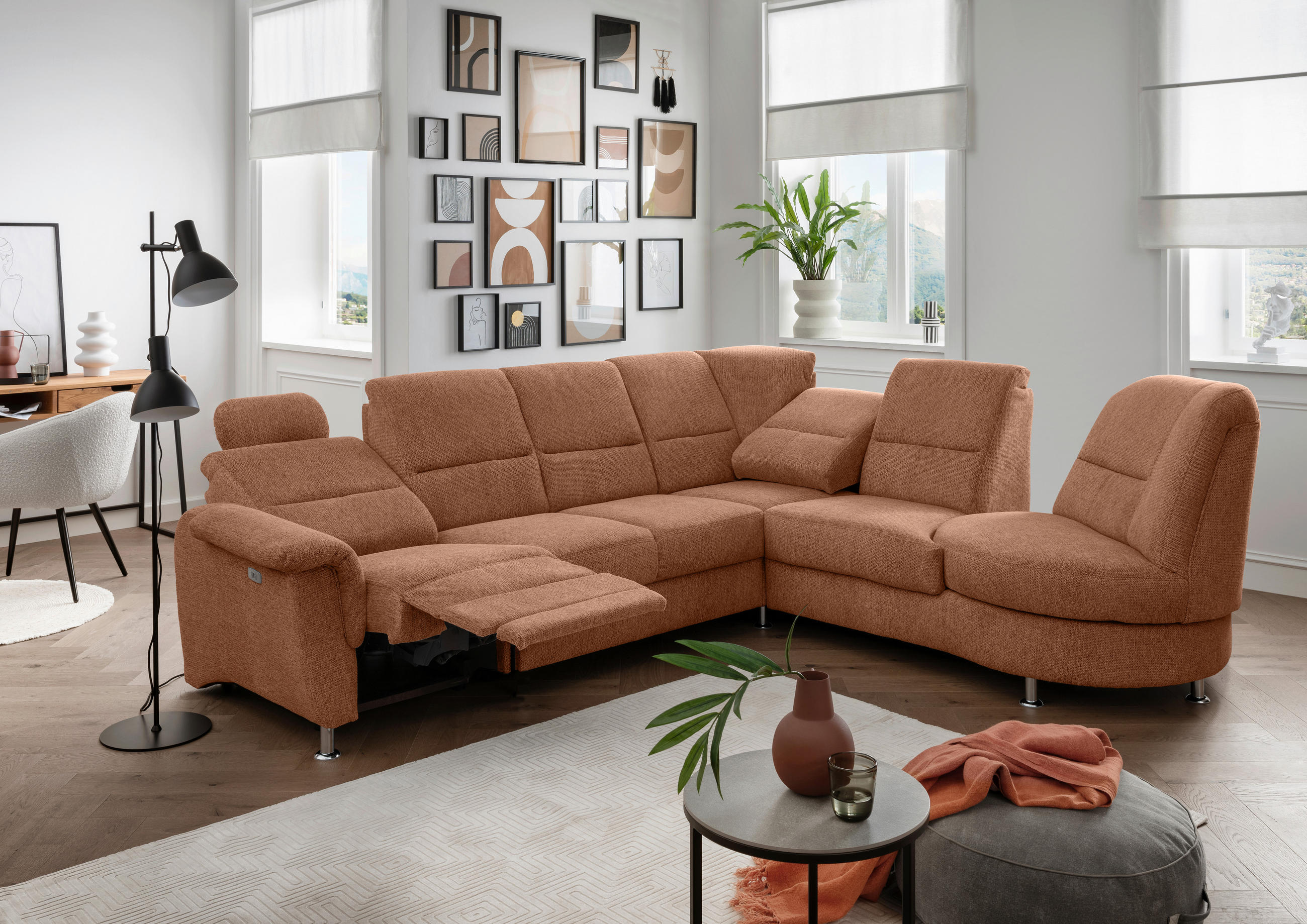 ECKSOFA Koralle Chenille  - Chromfarben/Koralle, MODERN, Textil/Metall (275/236cm) - Livetastic