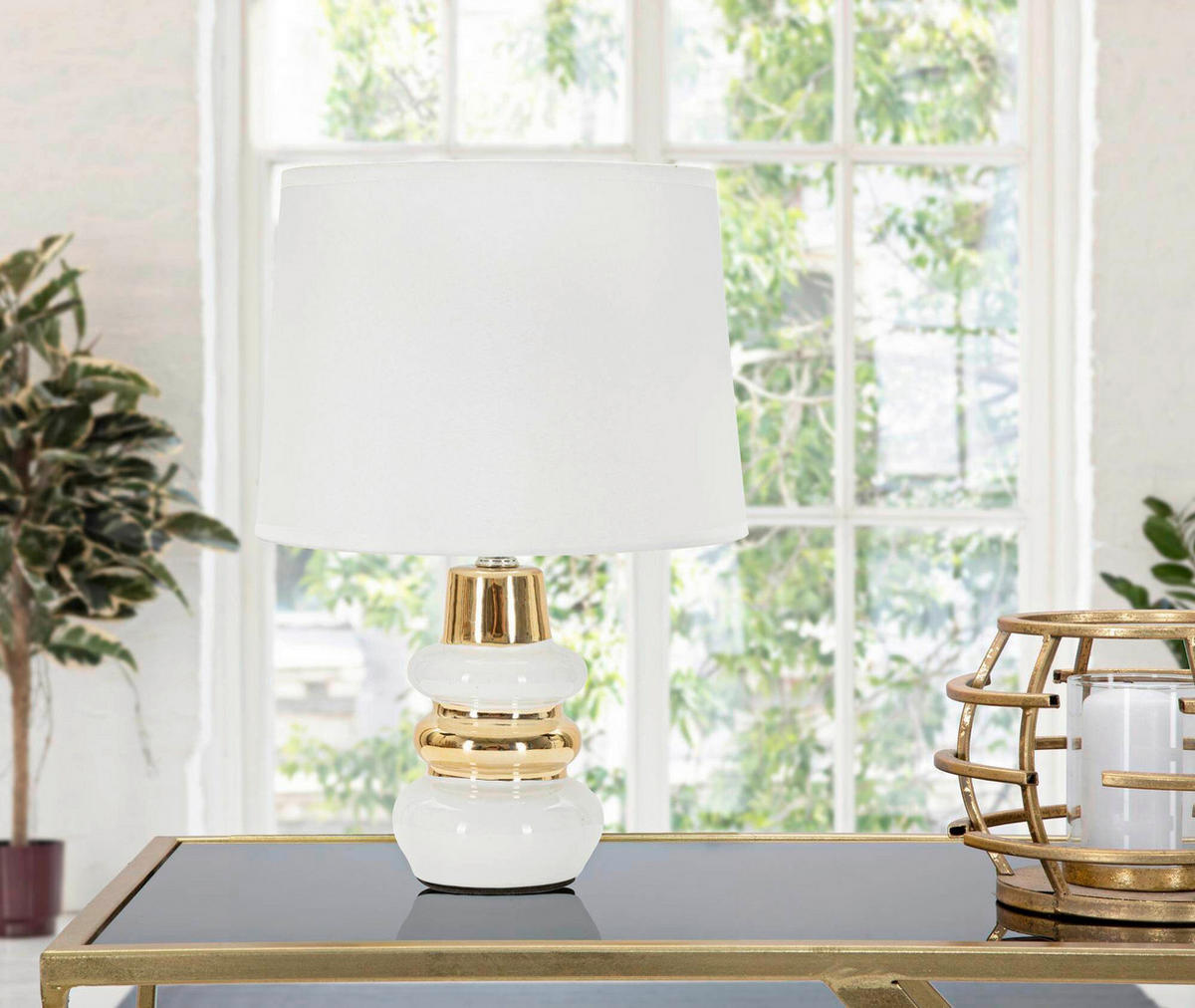 STOLNÁ LAMPA, 23/32/23 cm - biela/zlatá, Basics, kov/textil (23/32/23cm)