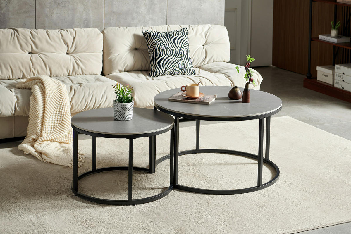 COUCHTISCHSET 80/60/46/40/80/60 cm rund Grau, Schwarz  - Schwarz/Grau, Design, Keramik/Metall (80/60/46/40/80/60cm) - Livetastic