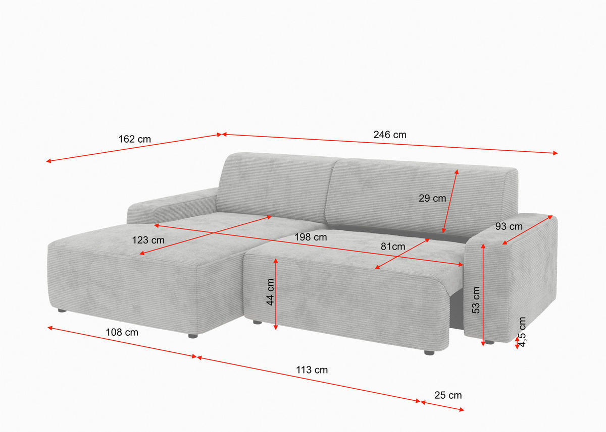 ECKSOFA Cord Pink  - Pink/Schwarz, Modern, Kunststoff/Textil (162/246cm) - Trendmanufaktur