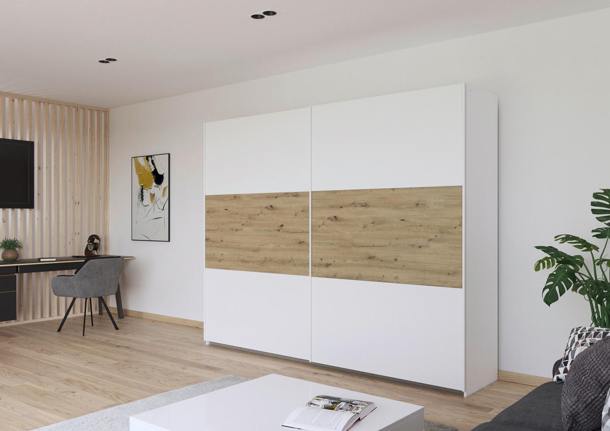 SCHWEBETÜRENSCHRANK  in Weiß, Eiche Artisan  - Weiß/Eiche Artisan, MODERN, Holzwerkstoff/Metall (261/210/54cm) - Rauch Möbel