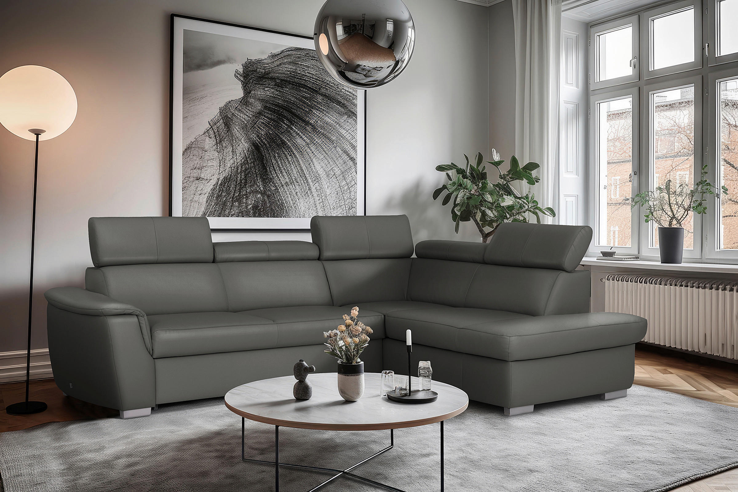 ECKSOFA  in Lederlook Echtleder Anthrazit  - Anthrazit/Silberfarben, Leder/Holz (262/211cm) - Celina Home