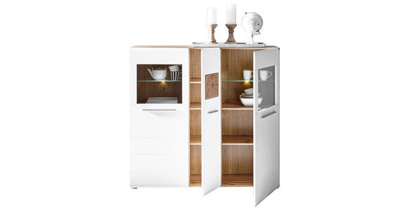 HIGHBOARD  in 140/135/37 cm  - Chromfarben/Eichefarben, KONVENTIONELL, Glas/Holz (140/135/37cm) - Hom`in