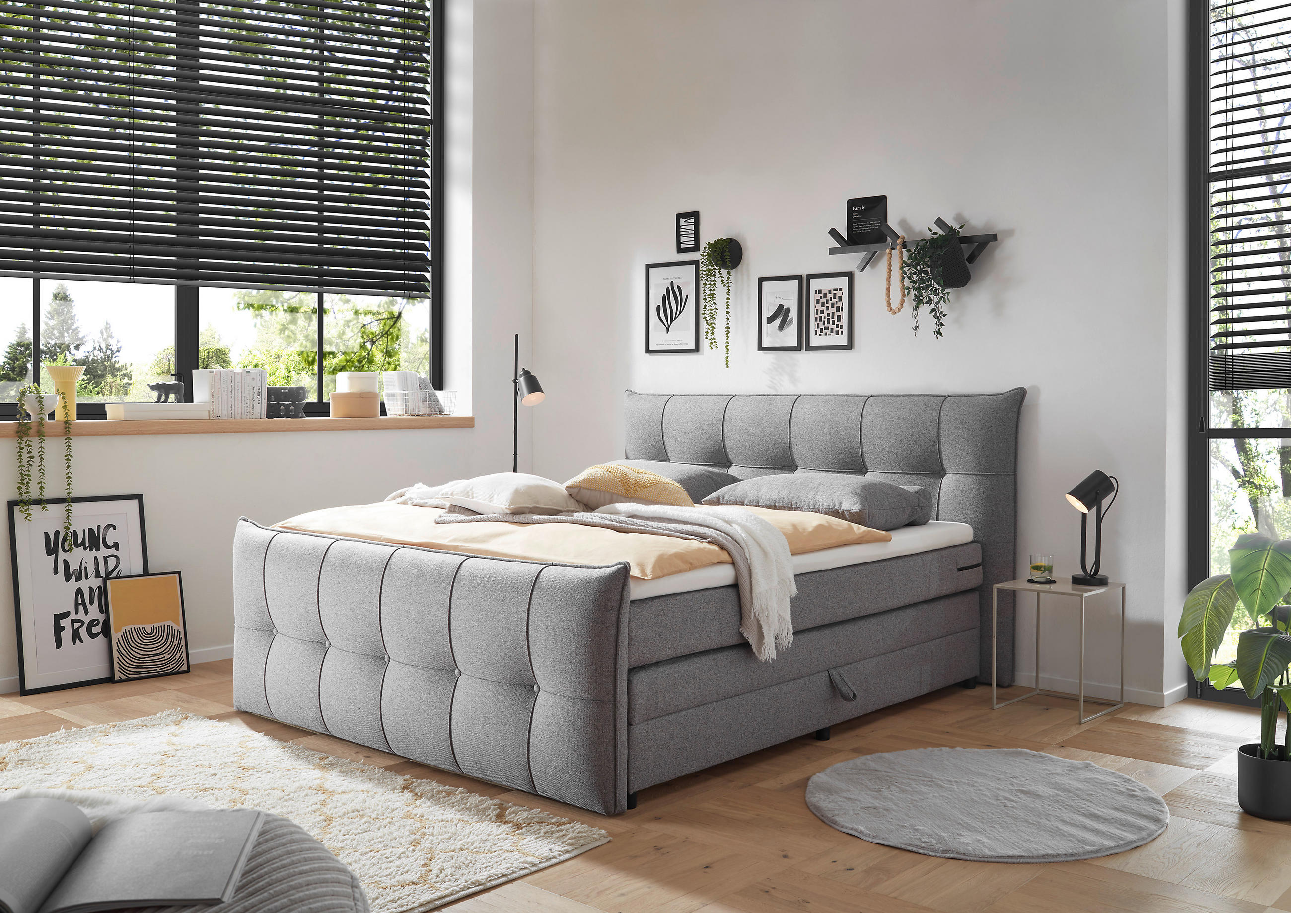 Thumbnail - Mid.you Boxspringbett, Dunkelgrau, Textil, H2, 7-Zonen, Höhe ca. 17 cm, 160x200 cm, Bettkasten, gepolstertes Kopfteil, F...