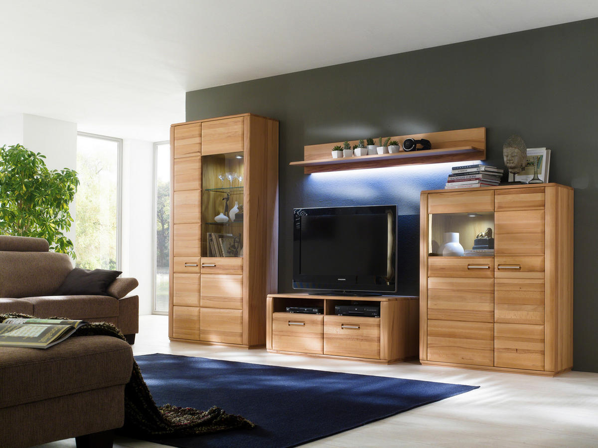 WOHNWAND  in Buchefarben  357/209/51 cm  - Silberfarben/Buchefarben, Design, Glas/Holz (357/209/51cm) - Livetastic